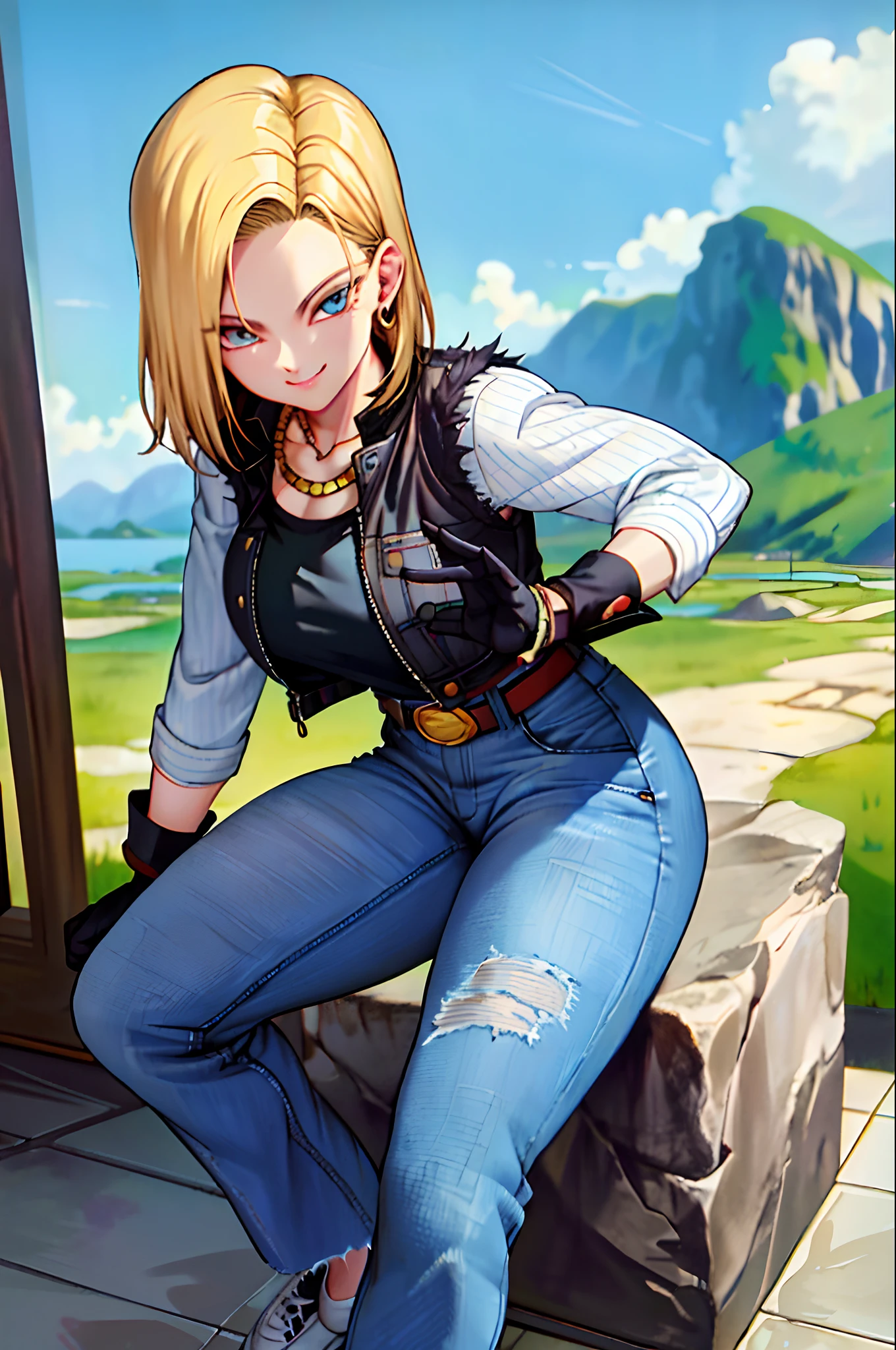 masterpiece, best quality, ultra-detailed, absurdres, Portrait of beautiful Android18DB, solo, earrings, jewelry, denim, smile, belt, vest, cloud, sky, day, pants, outdoors, gloves, necklace, jeans, rock, sitting, sitting_on_rock, volumetric lighting, best quality, masterpiece, intricate details, tonemapping, sharp focus, hyper detailed, trending on Artstation, damaged clothes, large boobs, slim body, good anatomy, big butt and curves,