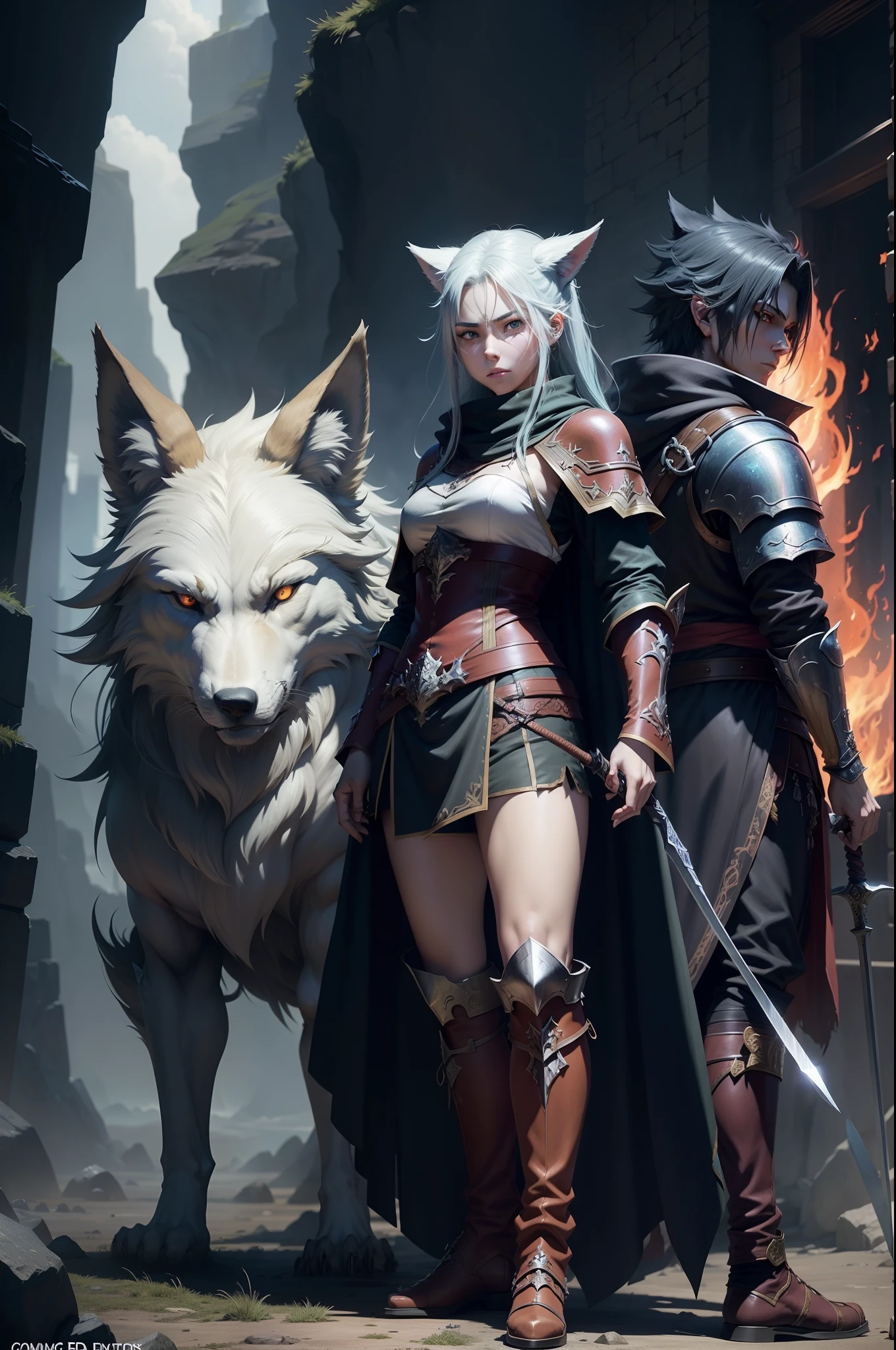 anime characters with swords and fire in front of a wolf, final fantasy fan art, rpg artwork, epic fantasy digital art style, epic fantasy art style, epic fantasy style art, epic rpg artwork, anime epic artwork, rpg art, anime in fantasy style, 2. 5 d cgi anime fantasy artwork, epic fantasy art style hd, d & d fantasy digital art