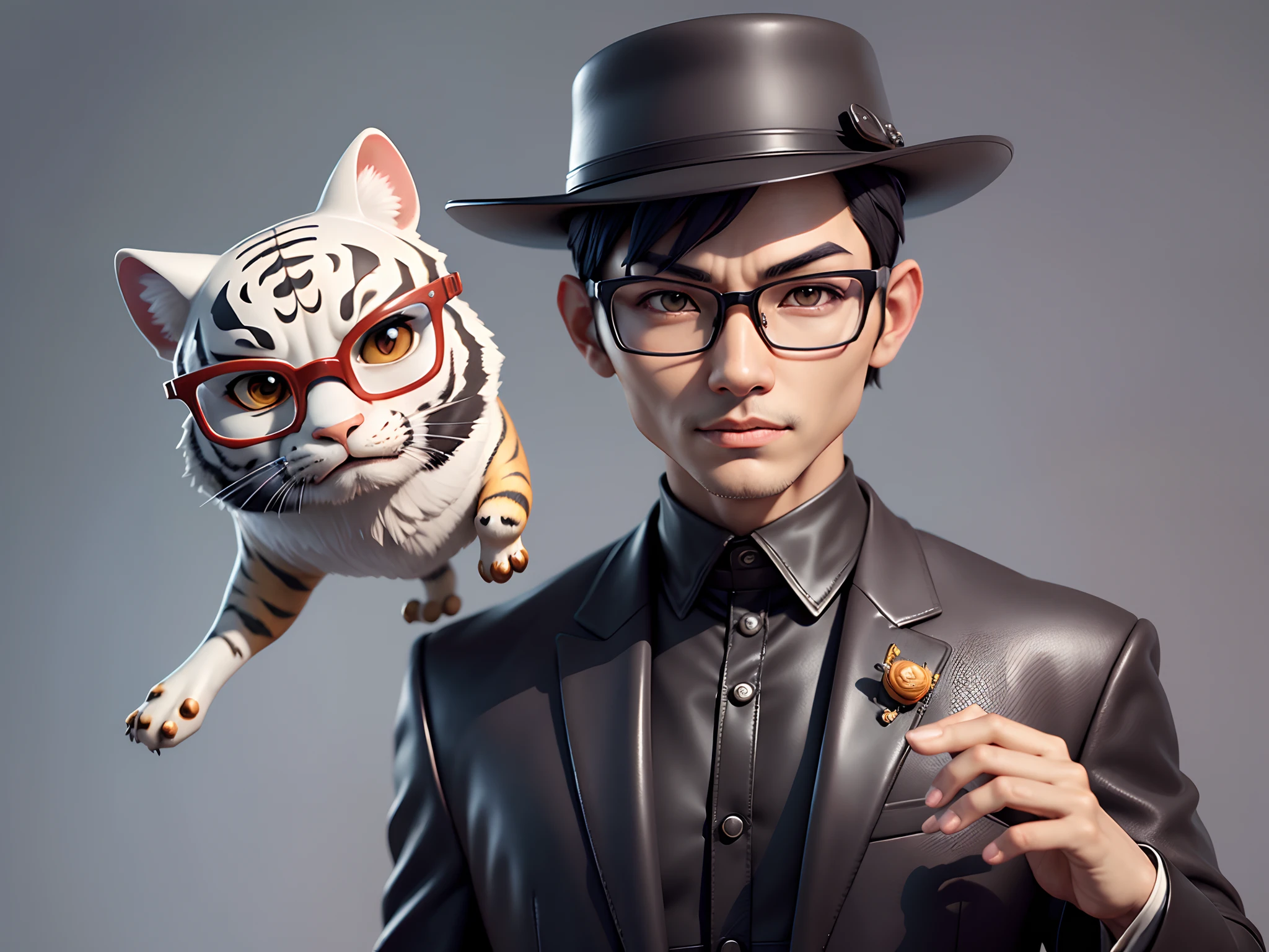 Young man with oriental face in leather hat, tiger, oriental face in formal suit, short black hair, silver glasses, digital painting, 3D character design by Mark Clairedon and Pixar and Hayao Miyazaki and Akira Toriyama, the illustration is a high-definition illustration in 4K resolution with very detailed facial features and cartoon-style visuals.