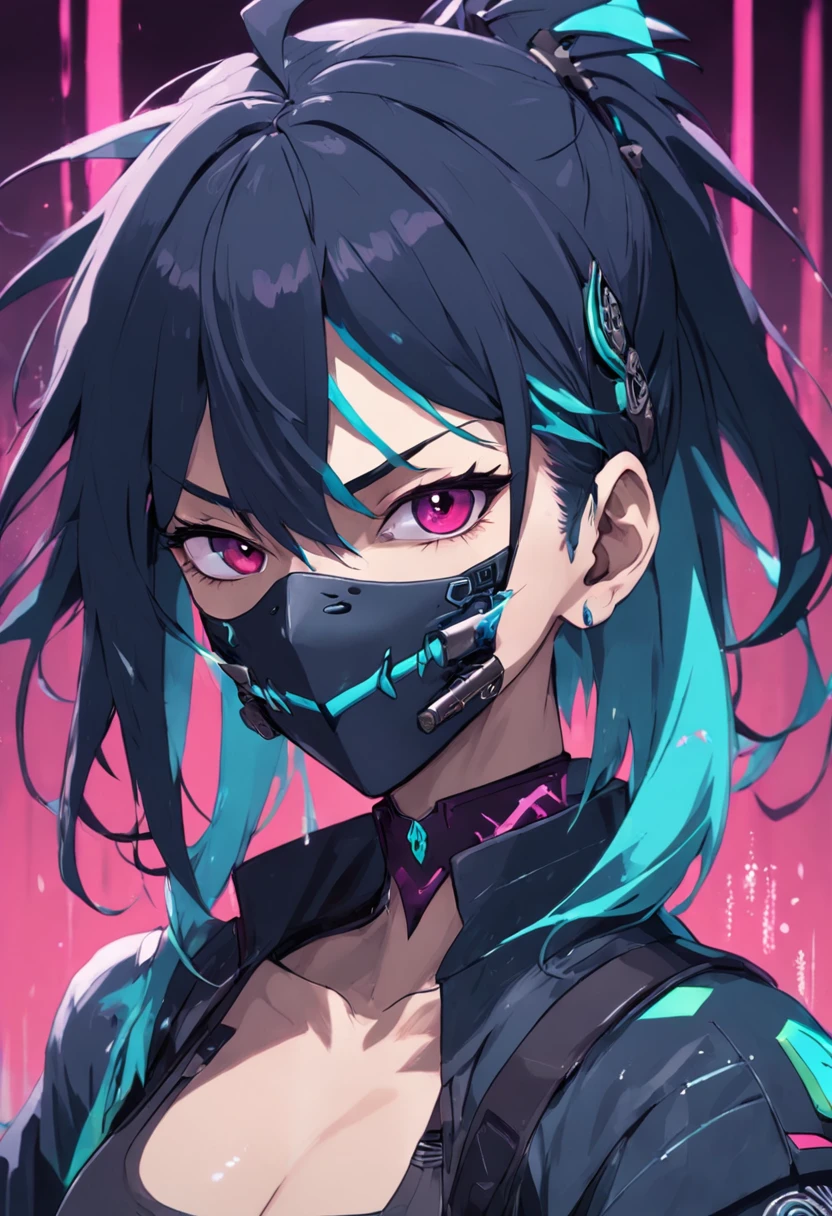 (The character has to possess a ninja mask) ((melhor qualidade)), ((obra-prima)), (altamente detalhado:1.3), (Cyberpunk:1.6) (prince\\(Indifferent expression\\),((((Dramatic))), (((corajoso))), (((intenso))) , (melhor qualidade), (obra-prima), (altamente detalhado:1.3), (Cyberpunk:1.6) (prince\\(Indifferent expression\\),(Dramatic), (corajoso), (intenso) , Create a prince-like female character in a cyberpunk world, of emphasis in his eyes with the color white a look of evil, The image should be in the style of the heavy metal album cover, com tempestade de raios ao fundo, foco na qualidade da imagem e na mascara em seu rosto