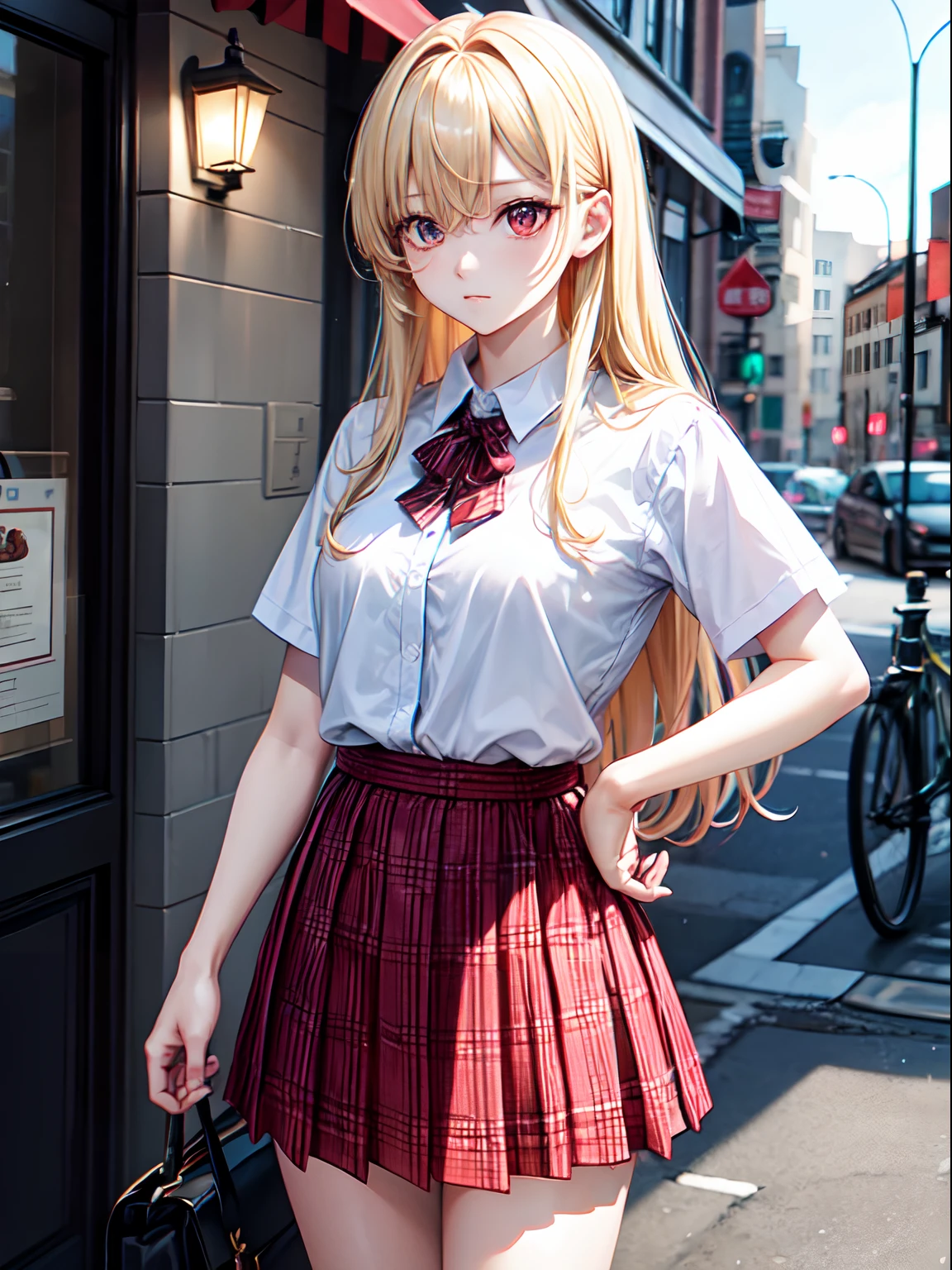 pronpt: nudde、is standing、Arm in arm、deadpan、red eyes、blonde hair、Hair is covered in one eye、 Plaid skirt