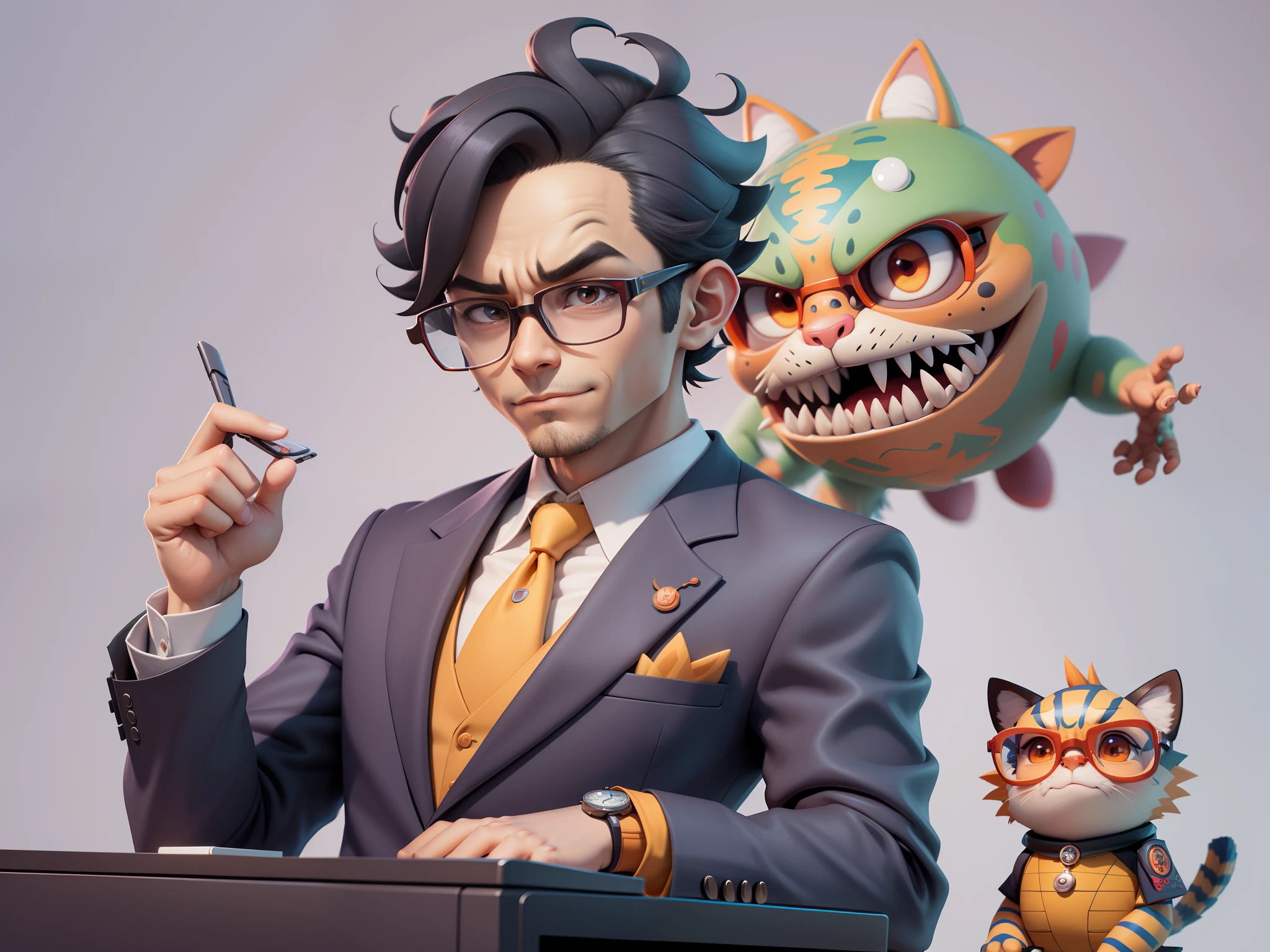 A young man in a suit, Short hair and glasses sat at his desk,holding laptop,digitial painting,tigre,3D character design by Mark Clairen and Pixar and Hayao Miyazaki and Akira Toriyama,4K HD illustration,Very detailed facial features and cartoon-style visuals。