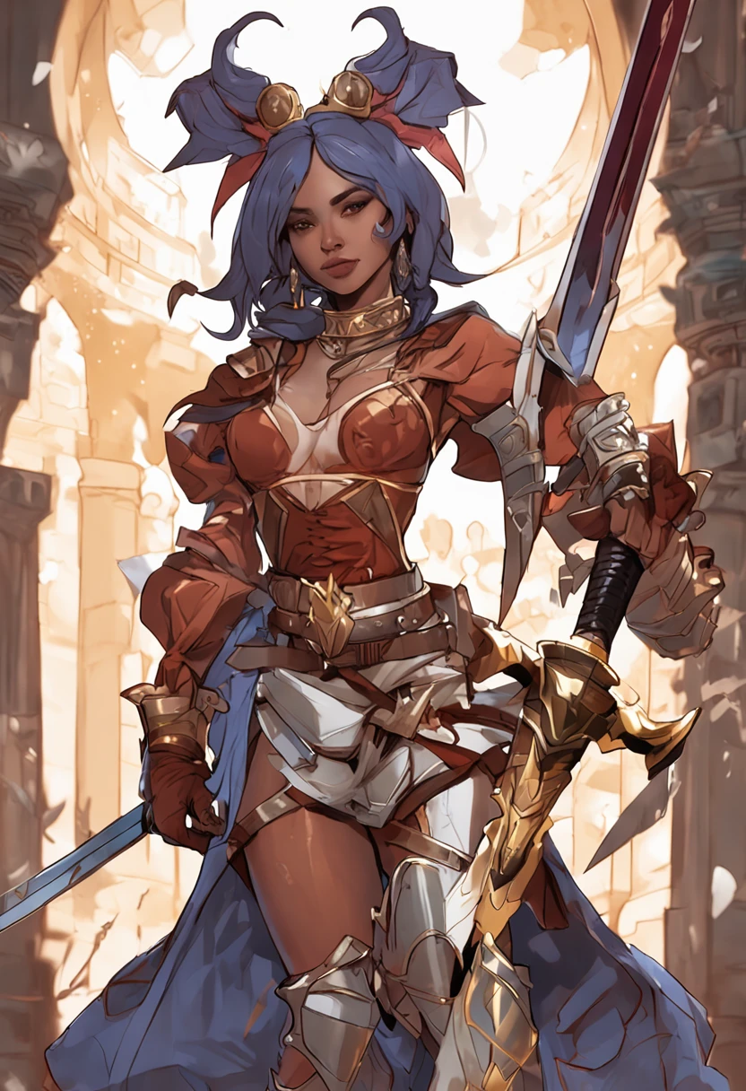 a woman in a costume holding a sword and a sword, natalie from epic battle fantasy, she is holding a long staff, jrpg character art, ragnarok online, knights of zodiac girl, human :: sorceress, rpg character, jrpg character, d&d dark sun character art, desert fighter ancient mage, final fantasy tactics character, female mage!