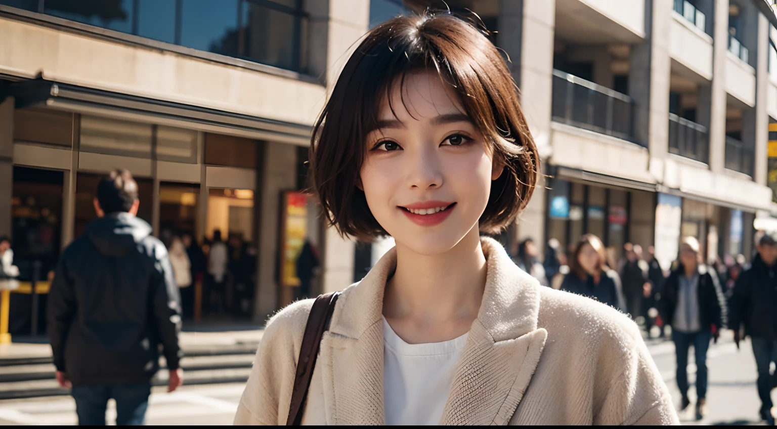 Draw the jacket correctly、left and right balance、(8K、Raw photography、top-quality、masuter piece:1.2)、ultra-detailliert、ultra res、(realisitic、rialistic photo:1.37)、portlate、high-definition RAW color photography、Professional Photography、highly detailed and beautiful、ighly detailed、8K Picture Wallpaper、amazing detailed、huge filesize、Official art、Highly detailed CG Unity 8K wallpapers、Smile with mouth closed、shopping mall