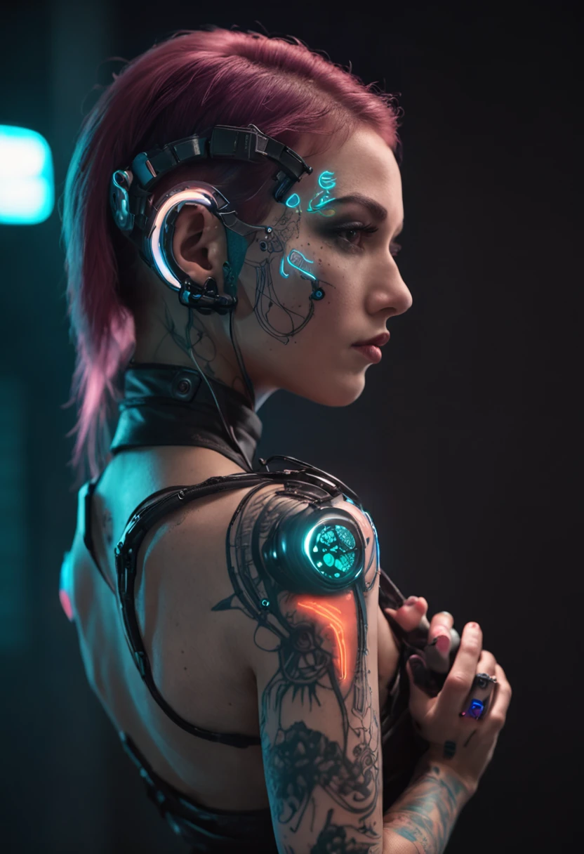 Designer de imagem "Cyberpunk & Realistic". Futuristic depiction of a perfectly tattooed woman with high-tech mechanical prosthetics. Embrace the cyberpunk aesthetic with neon lights and bright tattoos, maintaining the realistic portrayal of its features. "The lighting" Dynamic neon lighting with natural light sources to highlight cyberpunk tattoos and prosthetics, mantendo sombras e destaques realistas. "Camera positioning" Off-center and close-up camera positioning, Capturing dynamic pose to show off cyberpunk tattoos and high-tech prosthetics in detail. "Paleta de cores" Cyberpunk-inspired color palette with neon tones like electric blue, rosa fluorescente, e verde brilhante, complemented by realistic skin tones and metallic details for representation of advanced technology.