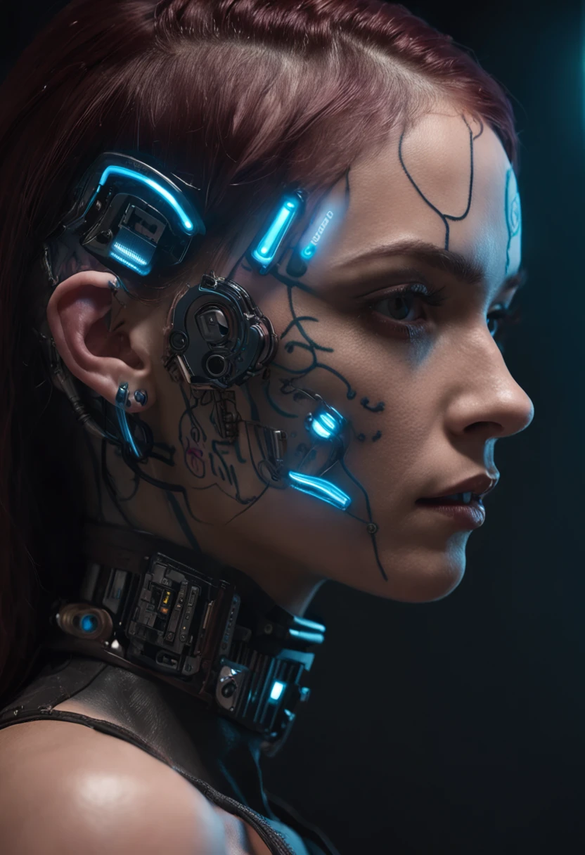 Designer de imagem "Cyberpunk & Realistic". Futuristic depiction of a perfectly tattooed woman with high-tech mechanical prosthetics. Embrace the cyberpunk aesthetic with neon lights and bright tattoos, maintaining the realistic portrayal of its features. "The lighting" Dynamic neon lighting with natural light sources to highlight cyberpunk tattoos and prosthetics, mantendo sombras e destaques realistas. "Camera positioning" Off-center and close-up camera positioning, Capturing dynamic pose to show off cyberpunk tattoos and high-tech prosthetics in detail. "Paleta de cores" Cyberpunk-inspired color palette with neon tones like electric blue, rosa fluorescente, e verde brilhante, complemented by realistic skin tones and metallic details for representation of advanced technology.