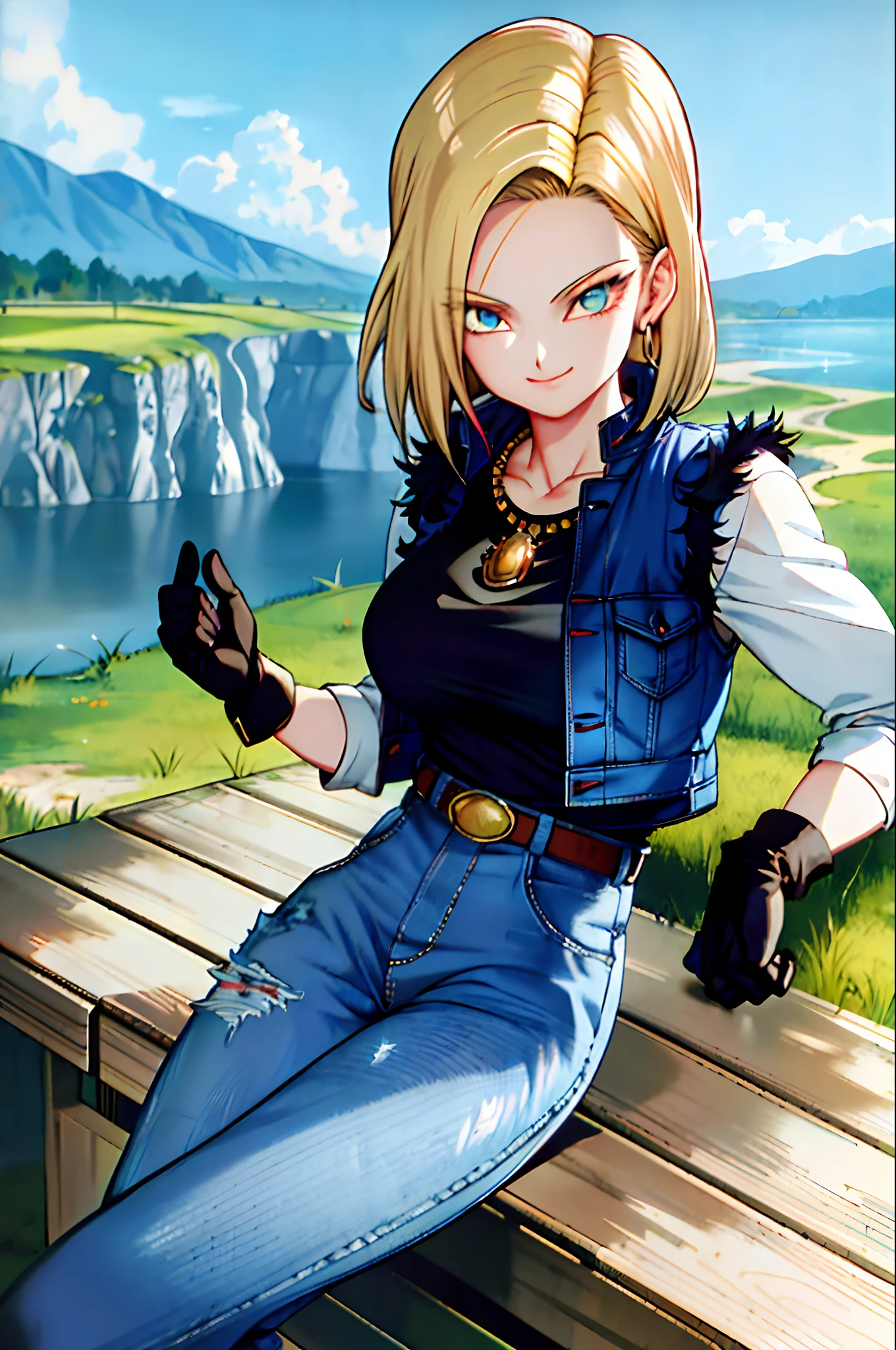 masterpiece, best quality, ultra-detailed, absurdres, Portrait of beautiful Android18DB, solo, earrings, jewelry, denim, smile, belt, vest, cloud, sky, day, pants, outdoors, gloves, necklace, jeans, rock, sitting, sitting_on_rock, volumetric lighting, best quality, masterpiece, intricate details, tonemapping, sharp focus, hyper detailed, trending on Artstation, big boobs, slim body