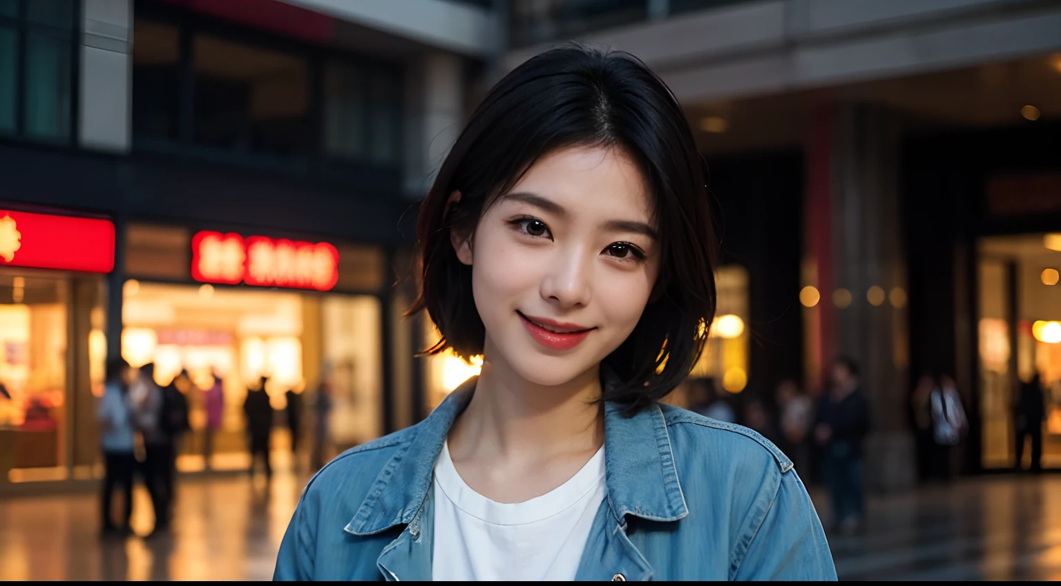 Draw the jacket correctly、left and right balance、(8K、Raw photography、top-quality、masuter piece:1.2)、ultra-detailliert、ultra res、(realisitic、rialistic photo:1.37)、portlate、high-definition RAW color photography、Professional Photography、highly detailed and beautiful、ighly detailed、8K Picture Wallpaper、amazing detailed、huge filesize、Official art、Highly detailed CG Unity 8K wallpapers、Smile with mouth closed、shopping mall