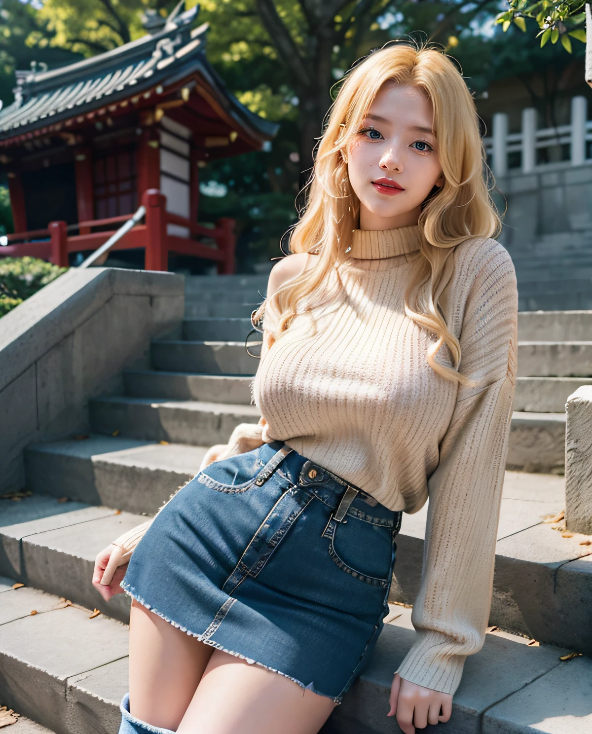 1girl, (Blue Eyes), smiling, (Sana Minatozaki), wide hips, Big Boobs, big ass, (Best Quality, 8k, Masterpiece: 1.3), Clear Focus: 1.2, Perfect Body Beauty: 1.4, Slender Abs: 1.2, Highly detailed face and skin texture, detailed eyes, double eyelids, red lips (long blonde hair), (summer sweater), (denim skirt), (ankle boots), stairs of a japanese temple