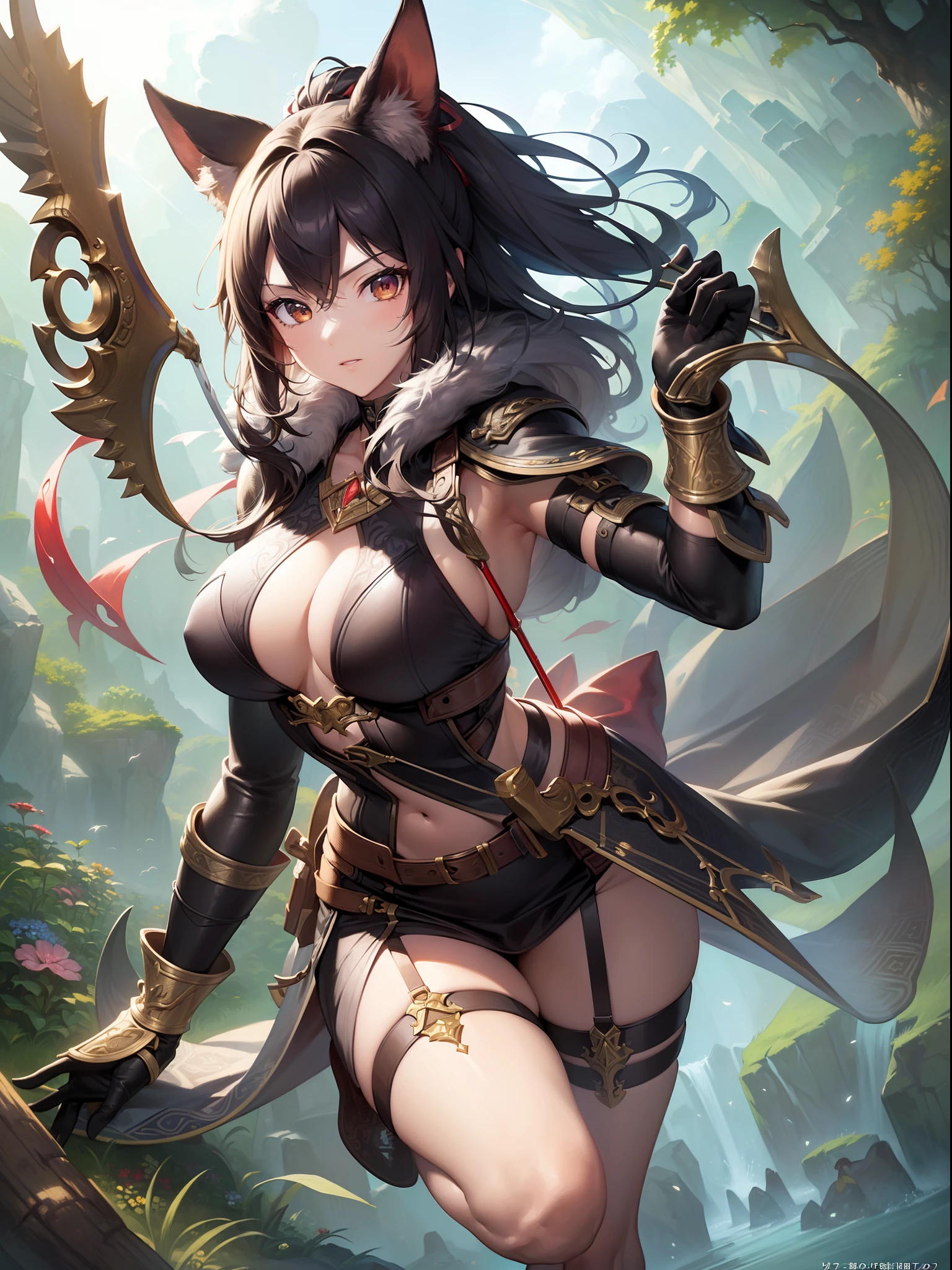 ((Masterpiece)),(超A high resolution),(ultra-detailliert),Anime at its best,Fantasyart,((1 female hunter),((Hold your bow and arrow with your prey in mind)), (A fearless hound following your feet)