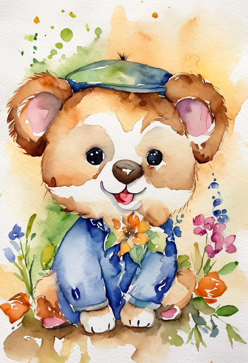cute little monkees, cartoon, many colors watercolor, white squared background
