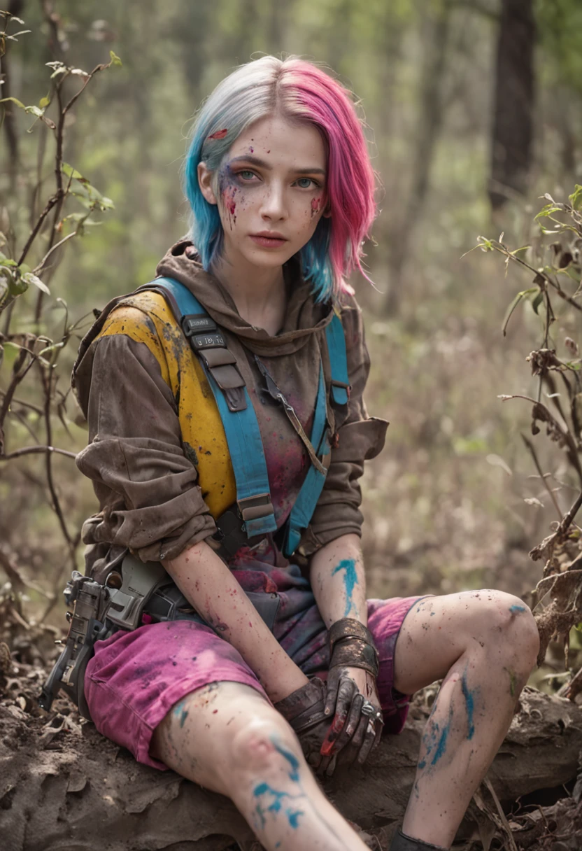 photograph, cinematic color grading, post apocalyptic, scrap metal, tattered clothes, man, rugged, solo, ultra  magenta hair with magenta highlights, Pompadour,  Guatemalan, morning, scenery, Schoolgirl Lifestyle Kelp Forest<lora:EnvyWastelandWarriorXL01:0.85>