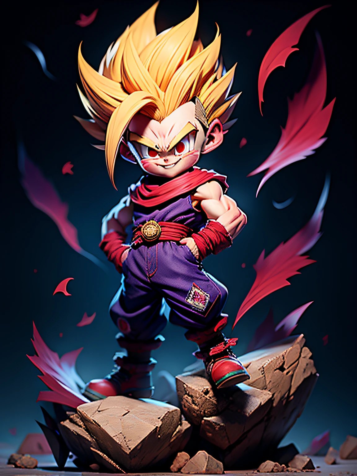 Masterpiece, best quality, super detailed, adult vegeta 1boy, solo, full body, evil smile, yellow hair, spiked hair, (((red eyes)))), (perfect eyes))), (purple dooji))), full body, looking at the audience, male focus, earth\(planet\), planet, space, cracked ground and many rocks rising, many pieces rising, perfect hands. Cute, chibi,