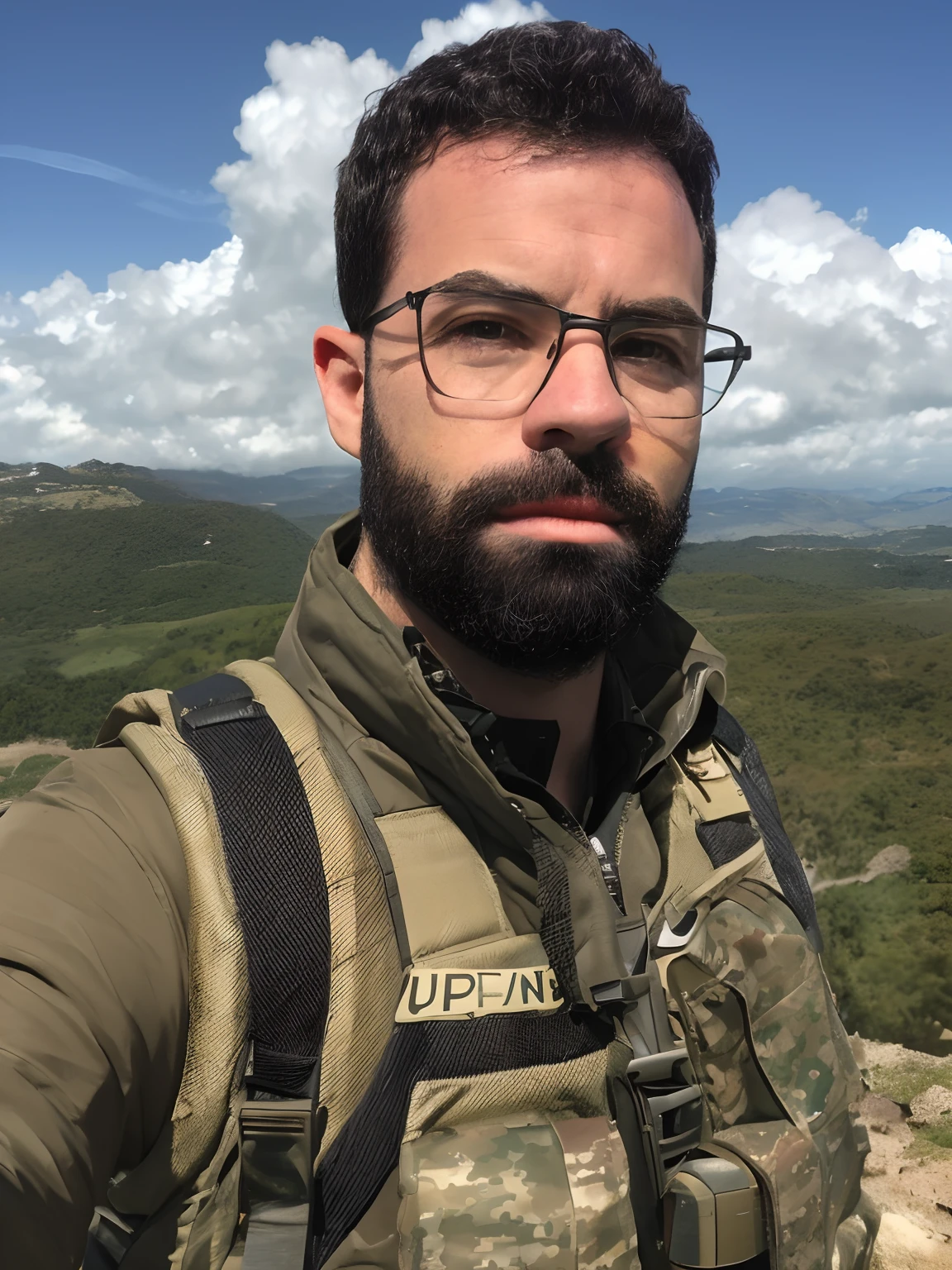 Um portaid de um corpo superior Young Military Unreal Engine 5 8K UHD (soldado rosto detalhado, de uniforme escuro e fuzil, ammo belt, Bulletproof military vest, cargo pants, luva, Radio, granada:1.2), (olhos brilhantes:1.1), (Supermodelo:1.4),(musculoso :1.3), Fundo da cidade steampunk, best quality. elegante, Rutkowski, HDR, detalhes intrincados, hiperdetalhado, cinemactic, luz de aro, atmosfera de perigo.