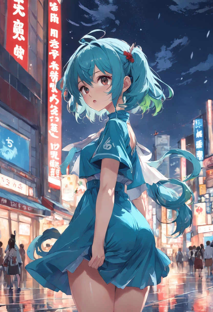 Anime – style image of woman in blue and red and green dress、high quality detailed art in 8k、High Detail Official Artwork、TRENDS ON THE ART STATION PIXIV、Guweiz on the Pixiv art station、GWISE AT THE ART STATION PIXIV、Kushat Krenzky Art Feminine、cute anime waifu in a nice dress、NSFW, (8K, Raw photography, top-quality, masterpiece:1.2), (realisitic, Photorealsitic:1.37), ultra-detailliert, 1 rapariga, 独奏, cute little, Beautiful detailed sky,nigh sky