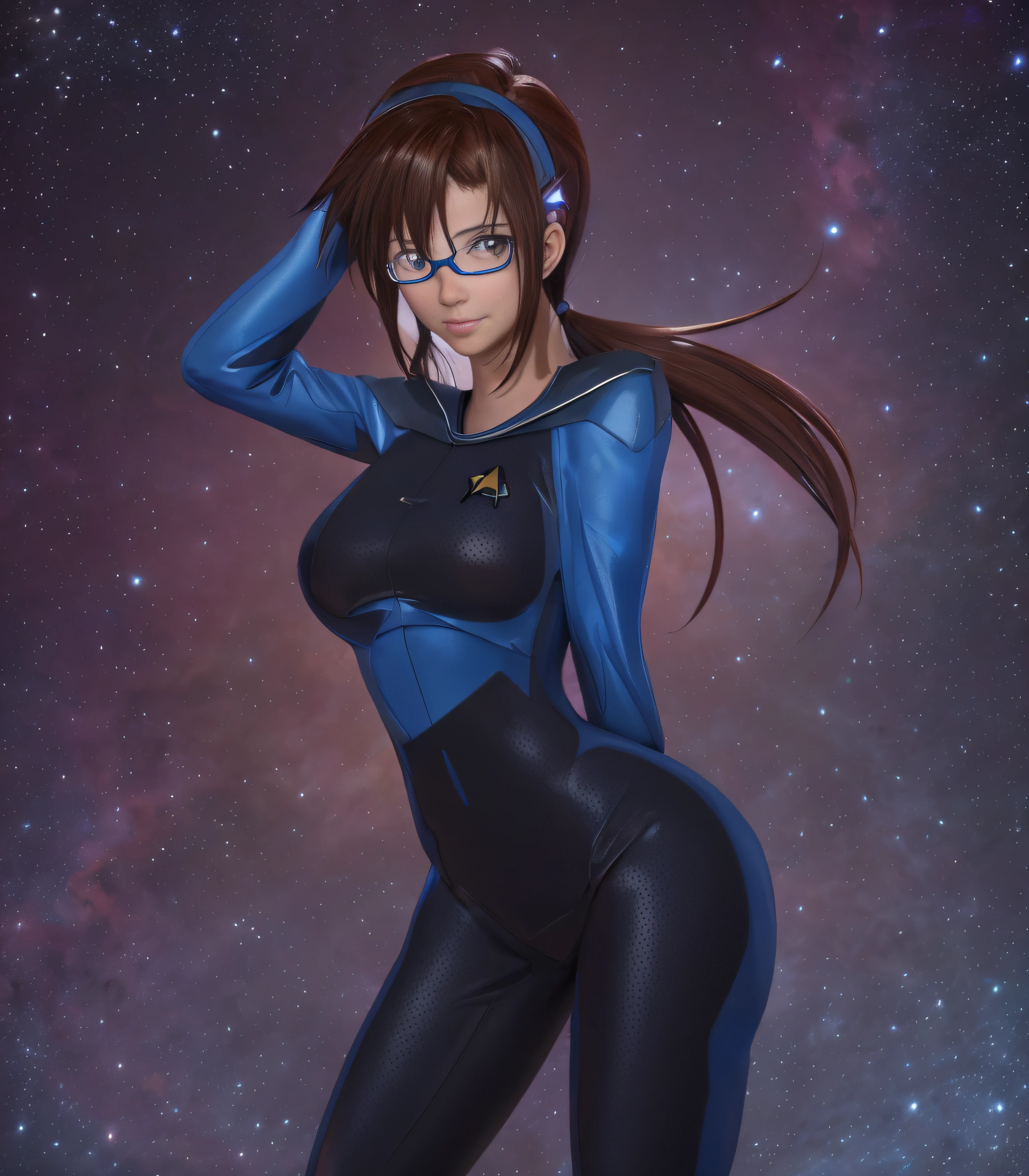 Un primer plano de una mujer con una camisa amarilla y pantalones negros, star trek asian woman, en uniforme de la Flota Estelar, Retrato Anime Space Cadet Girl, Personaje femenino de anime, en uniforme completo de la Flota Estelar, Marin Kitagawa Fanart, como personaje de anime, Como oficial de la Flota Estelar, sil de especies, Shinkai Makoto, Personaje de anime, Mai Yonyyama, fondo espectacular con imagen deep space mix, estilo renderizado 3D, piel y ropa realista, ojos azules, gafas rojas, brown hair