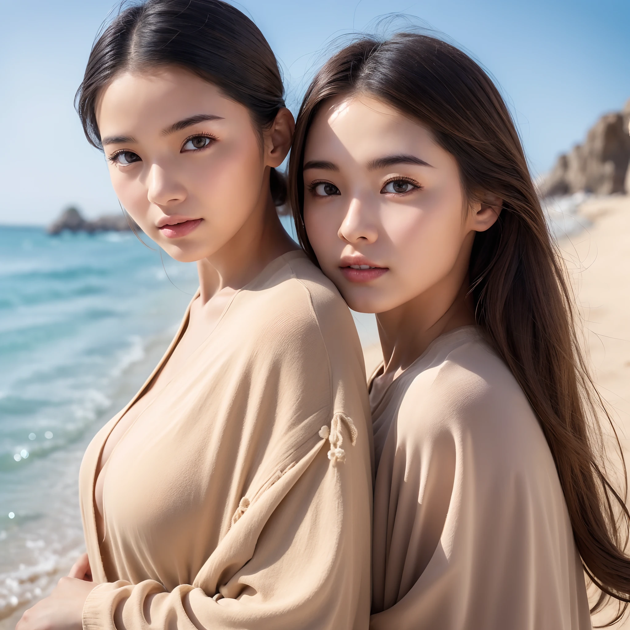 sand beach、Beige、Beautuful Women、having clothes are worn、Adults、uhd、extra detailed face、Raw foto、Detailed hair、1人、Relaxed、