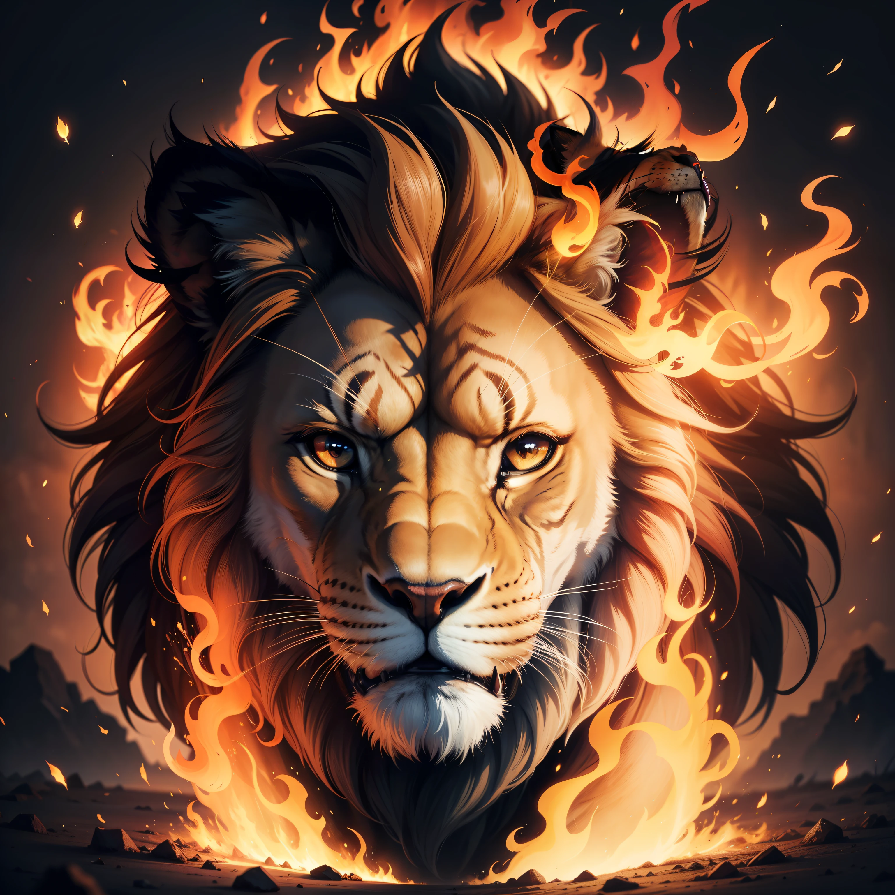 Lion on fire with face on fire