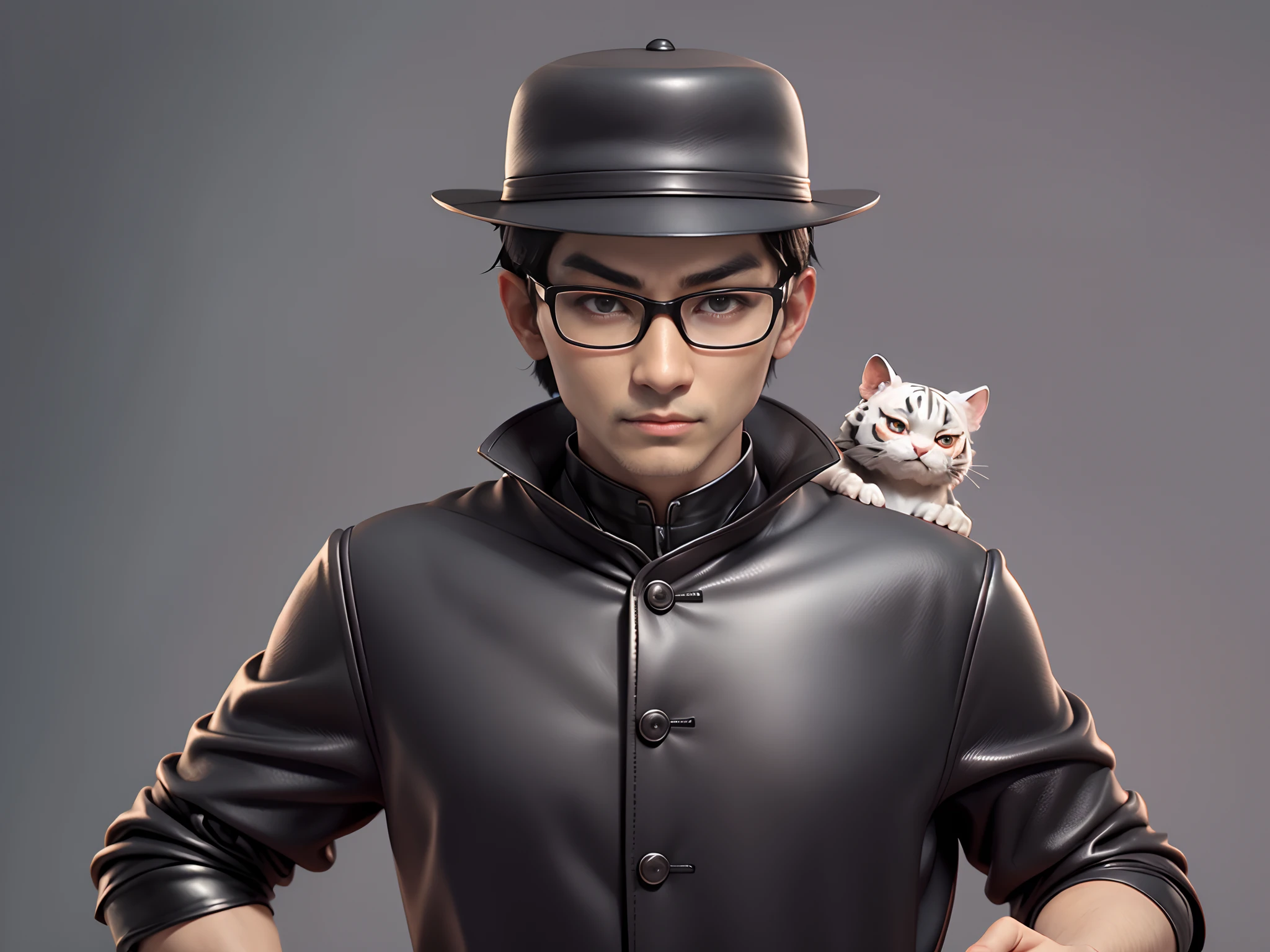 Young man with oriental face in leather hat, tiger, oriental face in formal suit, short black hair, silver glasses, digital painting, 3D character design by Mark Clairedon and Pixar and Hayao Miyazaki and Akira Toriyama, the illustration is a high-definition illustration in 4K resolution with very detailed facial features and cartoon-style visuals.