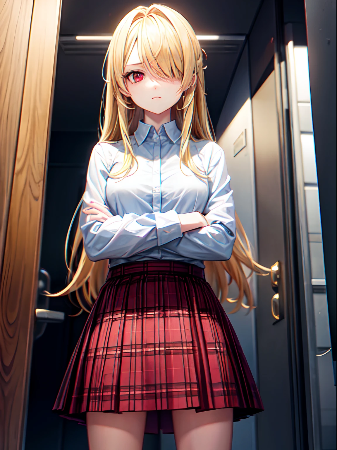 Prompts:standing, arms crossed, expressionless, red eyes, blonde hair, hair covered one eye, plaid skirt