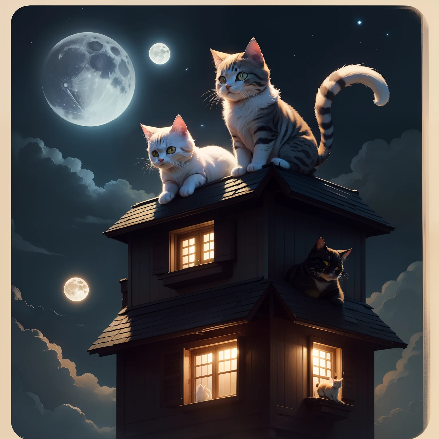Cute cats on top of the house at night with the moon in the background
