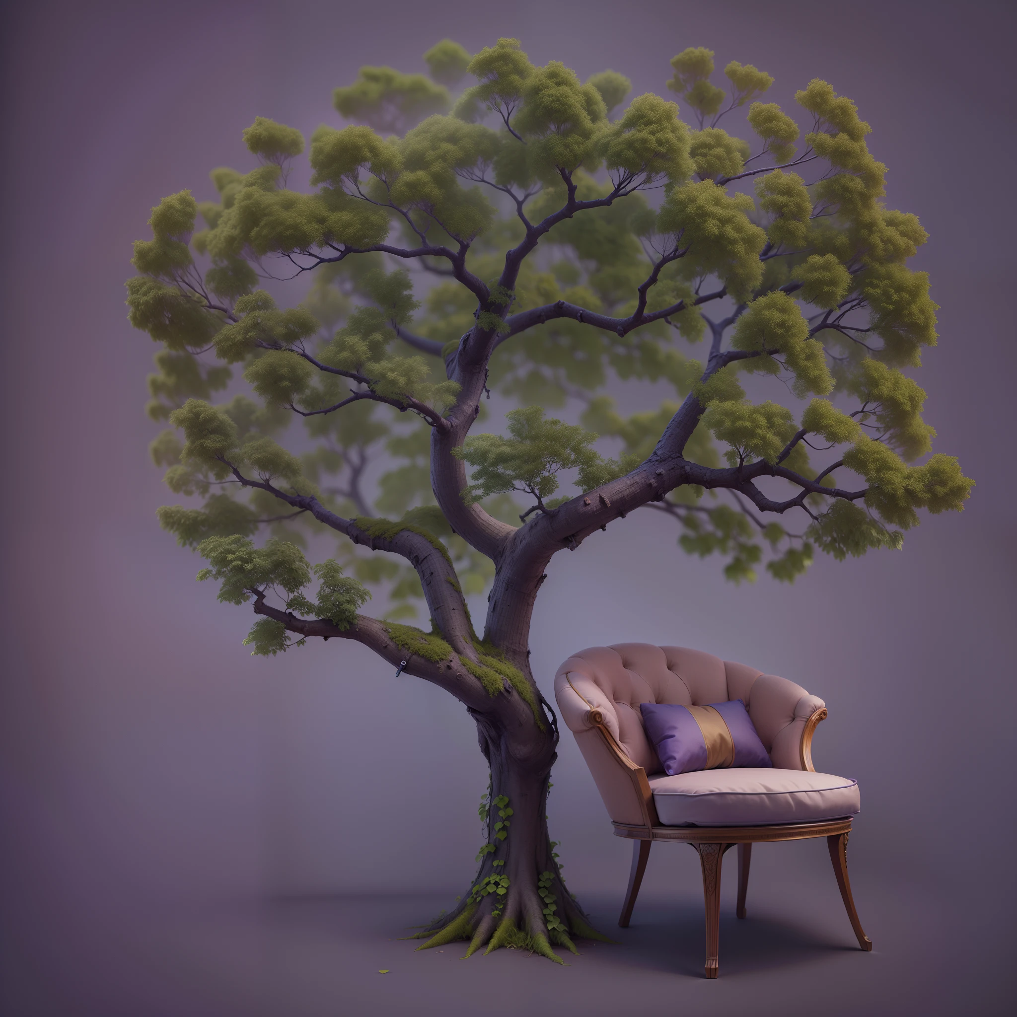 ((This is the example of a 16k image of an armchair tree inspired by a purple ipê)) Ipês sheets behind the chair seat.