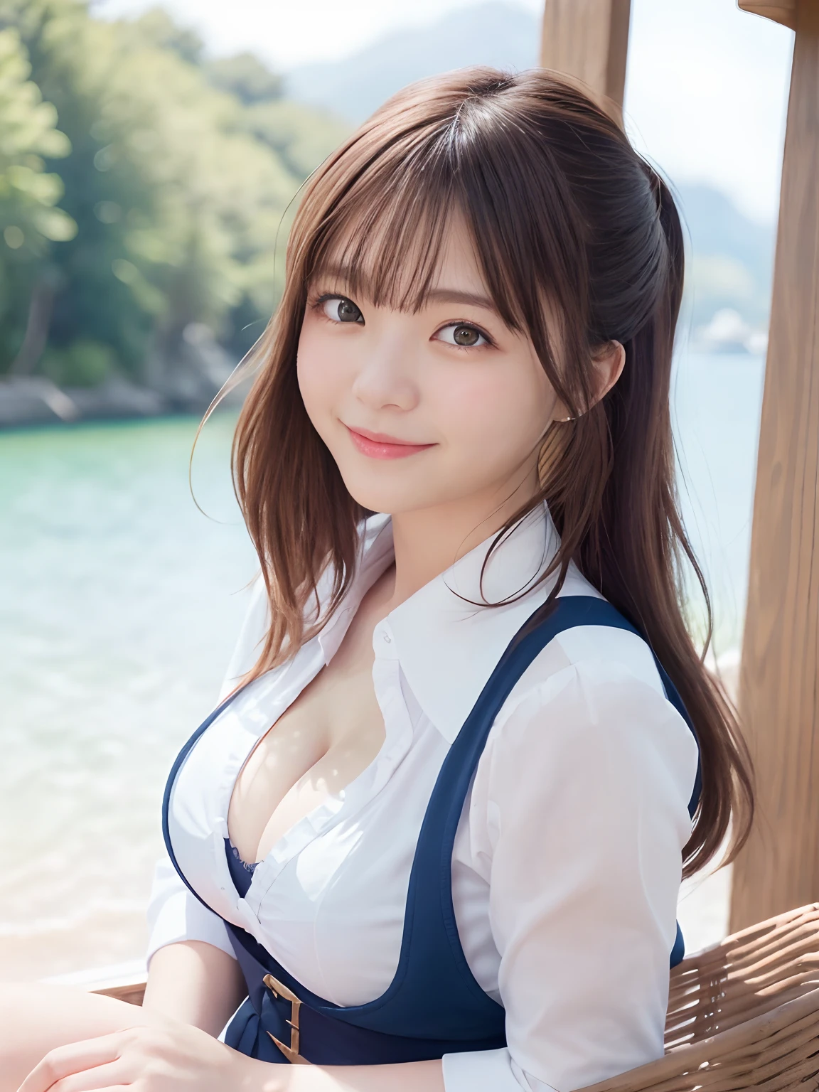 ​masterpiece, top-quality, Official Art, (Highly detailed CG Unity 8k wallpapers), 细致背景, (Hand by Guido Daniel: 1.1), foot out of frame, One-person viewpoint, 1, Attractive and perfect beautiful woman, hi-school girl、JK、Schoolgirl Uniform、夏天、sunlights、blue-sky、Windy、Optimal ratio of 4 fingers to 1 thumb、(Curvaceous), ( white thighhig: 1.12)、(Brown long-haired:1.12)、(Ahoge:1.13)、(High ponytail:1.12)、(verd s eyes:1.13)、Look at the viewer、(large full breasts、J-Cup)、(cleavage of the breast)、beautiful countenance、(red blush:1.11)、(a smile:1.11)