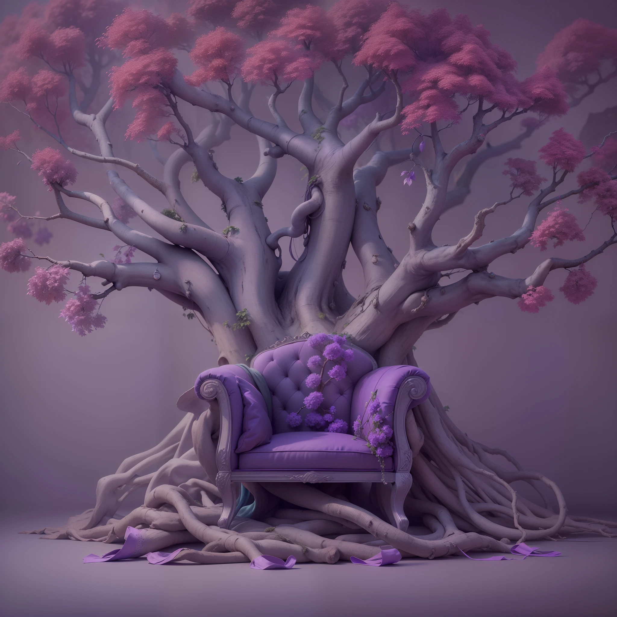 ((This is the example of a 16k image of an armchair tree inspired by a purple ipê)) Ipês sheets behind the chair seat.