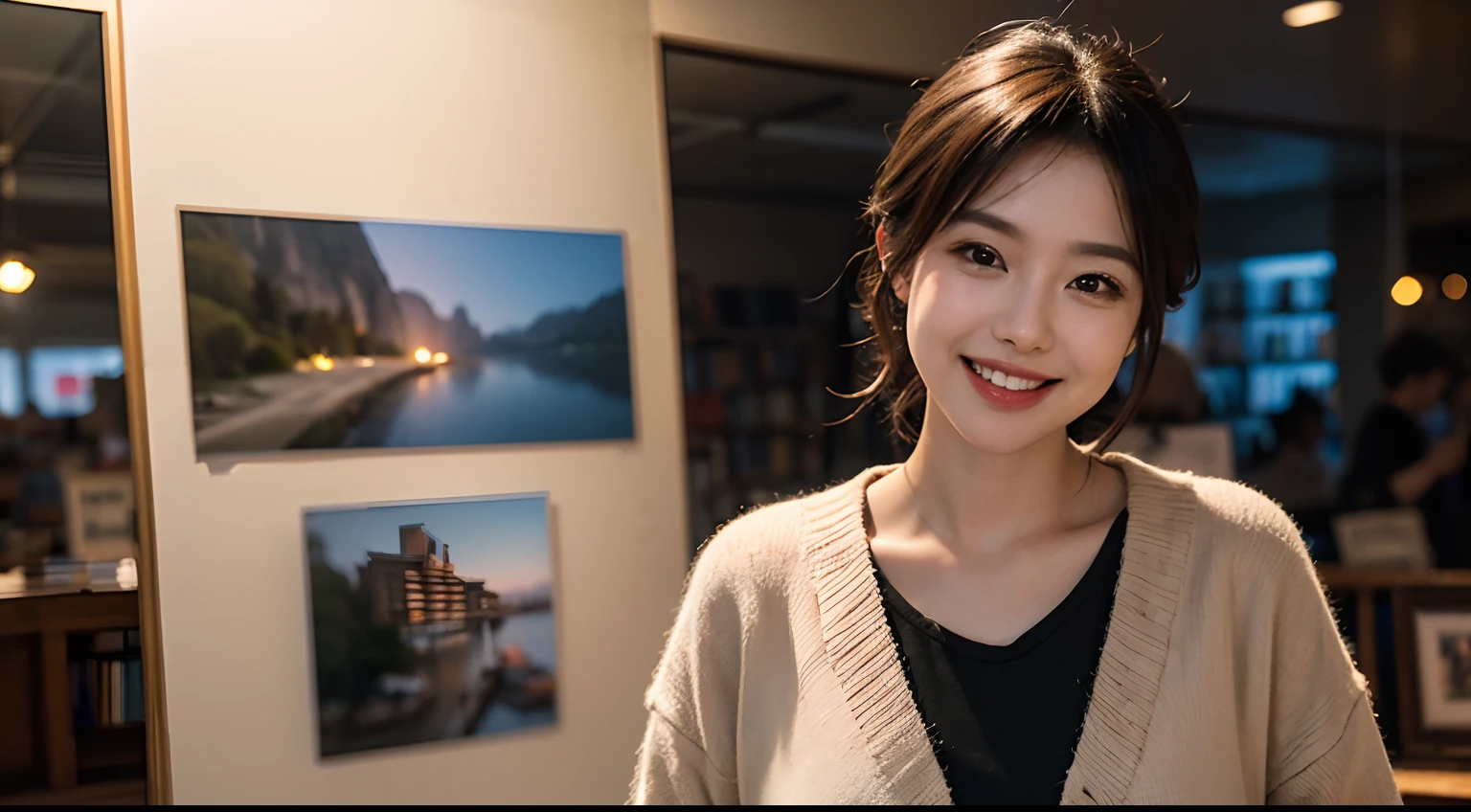 Draw the jacket correctly、left and right balance、(8K、Raw photography、top-quality、masuter piece:1.2)、ultra-detailliert、ultra res、(realisitic、rialistic photo:1.37)、portlate、high-definition RAW color photography、Professional Photography、highly detailed and beautiful、ighly detailed、8K Picture Wallpaper、amazing detailed、huge filesize、Official art、Highly detailed CG Unity 8K wallpapers、Smile with mouth closed、bookstore