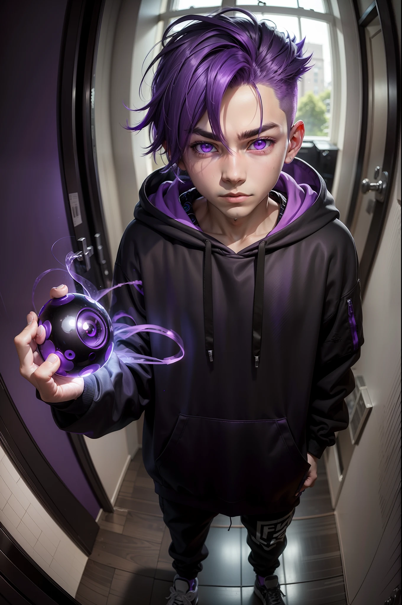 1boy, purple hair, glowing purple eyes, masterpiece, best quality , black hoodie, fisheye lens,