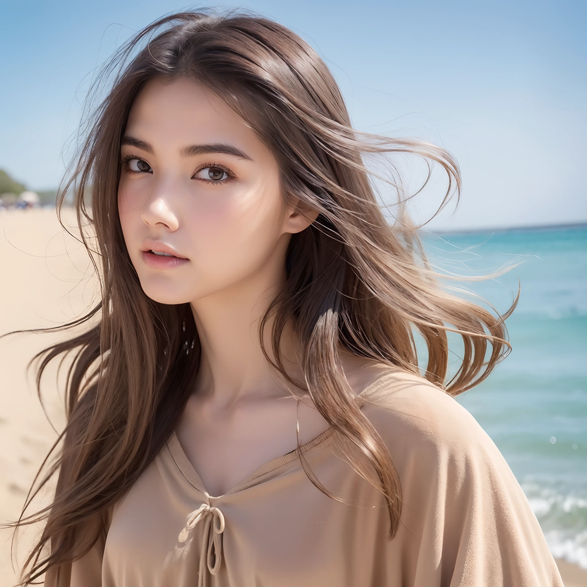 sand beach、Beige、Beautuful Women、having clothes are worn、Adults、nffsw、extra detailed face、Raw foto、detailed hairs、1 persons、Relaxed、