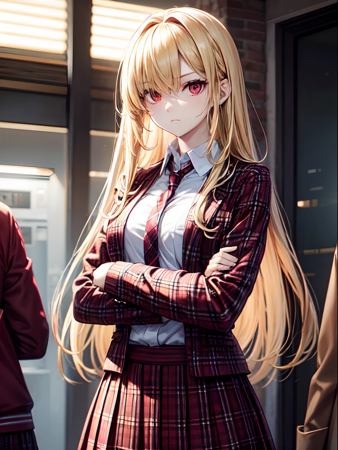 Prompts:standing, arms crossed, expressionless, red eyes, blonde hair, hair covered one eye, plaid skirt