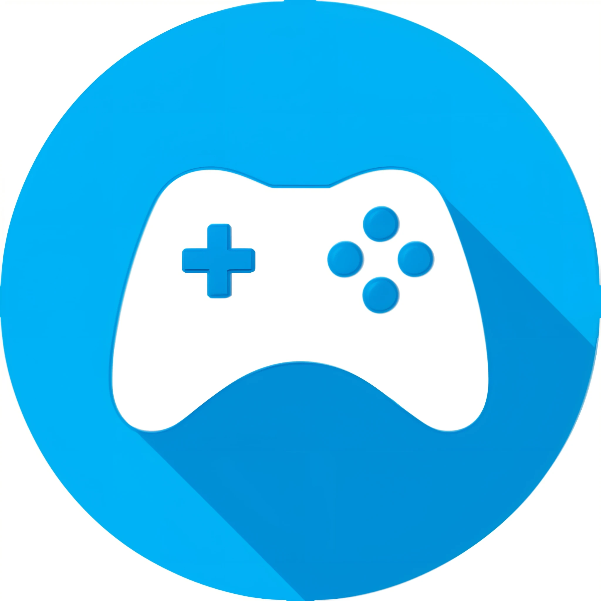 A white game controller icon with a long shadow in a blue circle, game icon, Video Game icon, jogos, item de Videojogo, video - game, Jogos, jogo, Game Icons, controle de Videojogo, mobile game style, Avatar de Videojogo, Videojogo, Mobile Game, game icon stylized, Video game, Recursos do jogo, 3D Icon for mobile game, video games