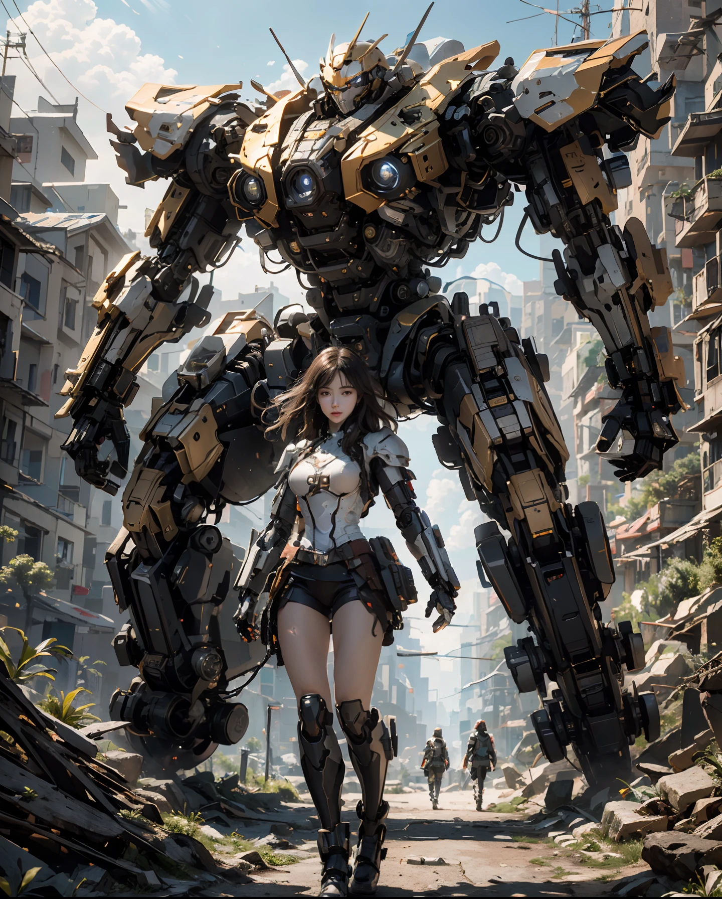 ((Best Quality)), ((Masterpiece)), (Very Detailed:1.3), 3D, Shitu-mecha, Beautiful cyberpunk woman with her pink mech in the ruins of a city in the forgotten war, Ancient technology, HDR (High Dynamic Range), ray tracing, NVIDIA RTX, super resolution, unreal 5, subsurface scattering, PBR texture, post-processing, anisotropic filtering, depth of field, maximum sharpness and sharpness, multi-layer texture, albedo and highlight maps, surface shading, Accurate simulation of light-material interactions, perfect proportions, octane rendering, duotone lighting, low ISO, white balance, rule of thirds, wide aperture, 8K RAW, efficient sub-pixels, subpixel convolution, luminescent particles, light scattering, Tyndall effect