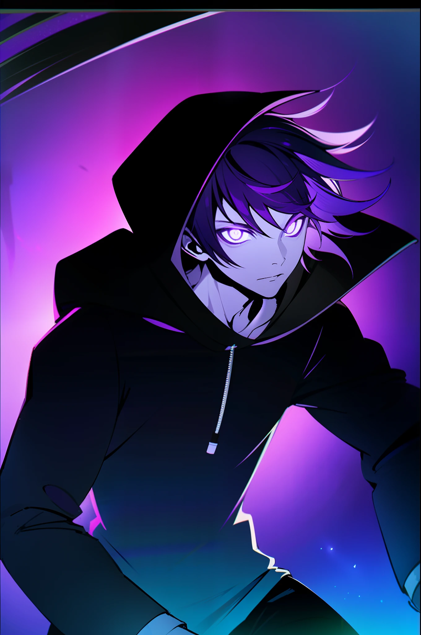 personagem masculino, jovem, cabelo roxo, Neon Purple Mask, naipe, anime, Escuro