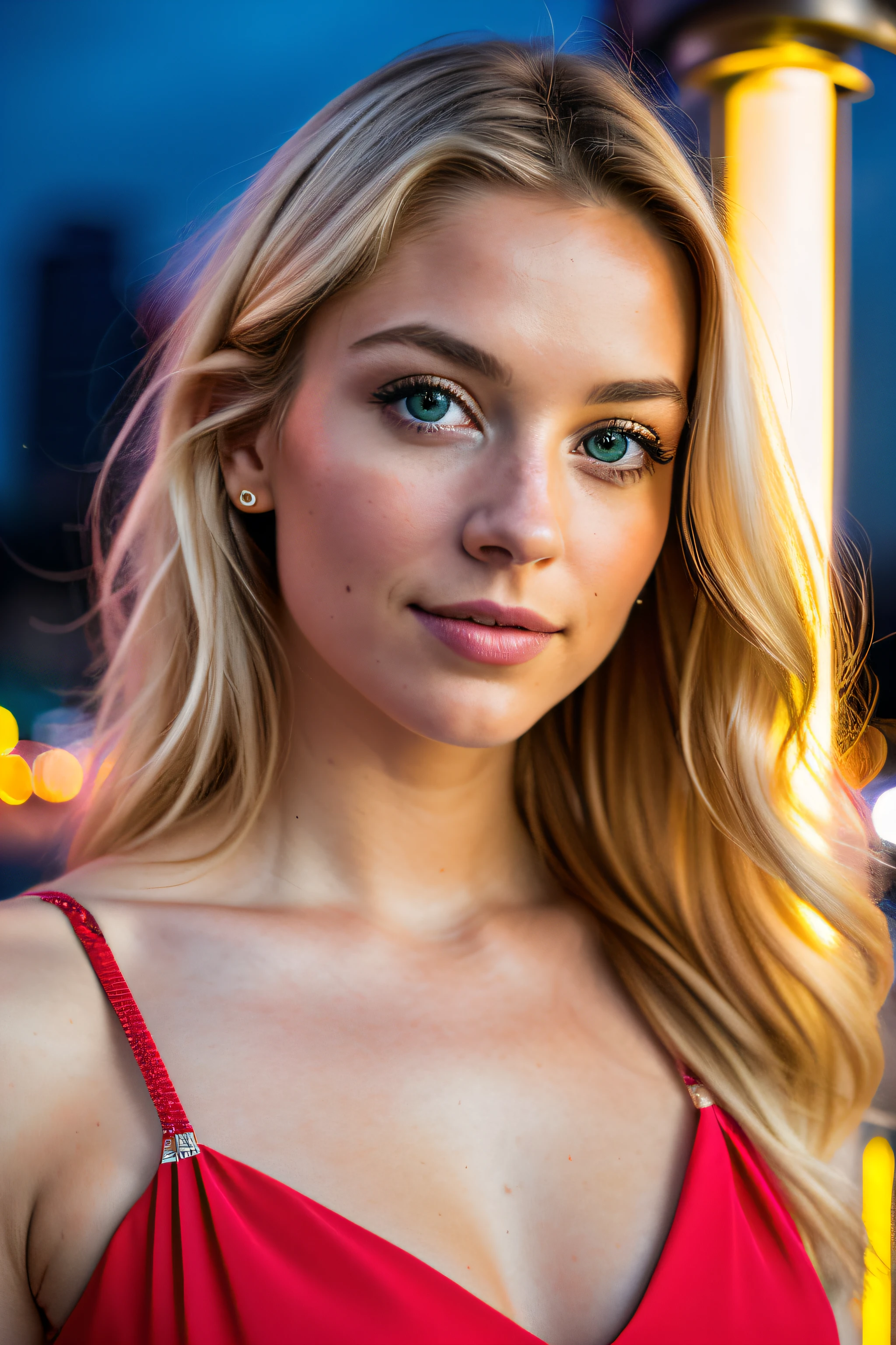 RAW uhd portrait of 24-year-old blonde close-up, Natural blonde hair, castles, Wavy, (brown-eyed woman) in the apartment, Prehistory of New York City, night starry sky, ,natutal breasts_b, The background of the night night of the city, (Red Summer Dress), (cutout), Detailed (textures!, Hair!, brightness, Color!, imperfections:1.1), High detail of light eyes, (looking at the camera), specular lighting, dslr, ultra quality, sharp-focus, Sharp, Depth of field, Film grain, (centered), Fujifilm XT3, Crystal clear, The center of the frame, cute face, sharp-focus, lamp post, neon lights, bokeh, (dimly lit), Low key, in night, (night sky)