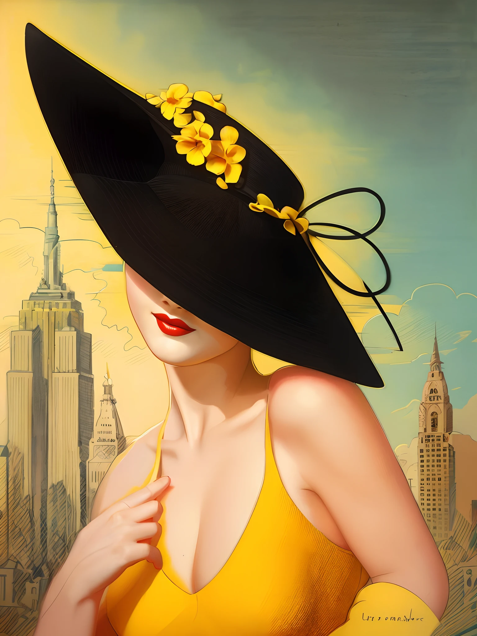Painting of a woman in a black hat with a yellow flower on it, inspirado em Art Frahm, art deco painting, art deco portrait, Otto Schmidt, art deco illustration, beautiful retro art, stylized digital illustration, in illustration style digital, Directed by: Evan Charlton, Directed by: Pat Adams, arte digital de um elegante, por John Alexander, senhora elegante