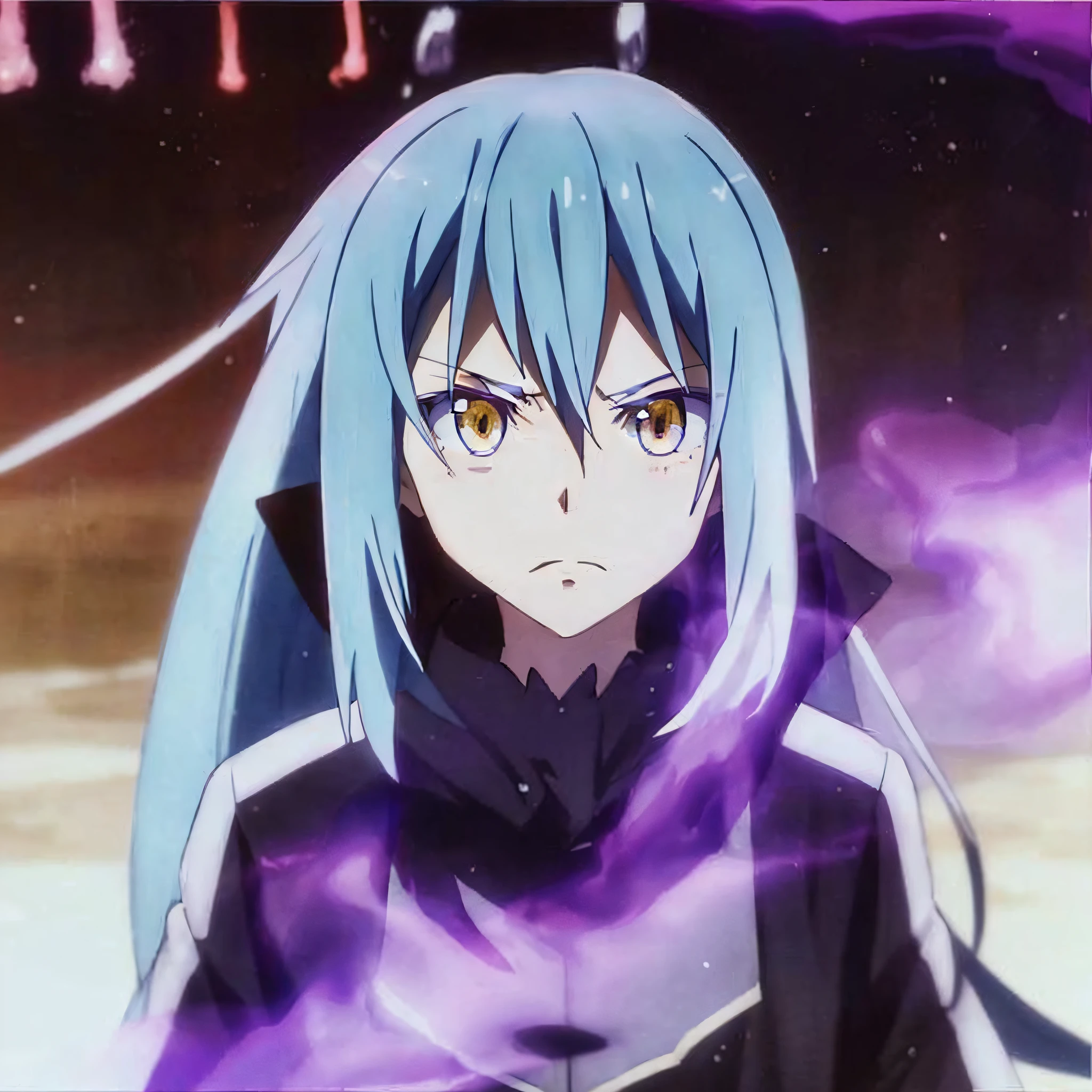 Rimuru Tempest with an emanating purple aura, angry