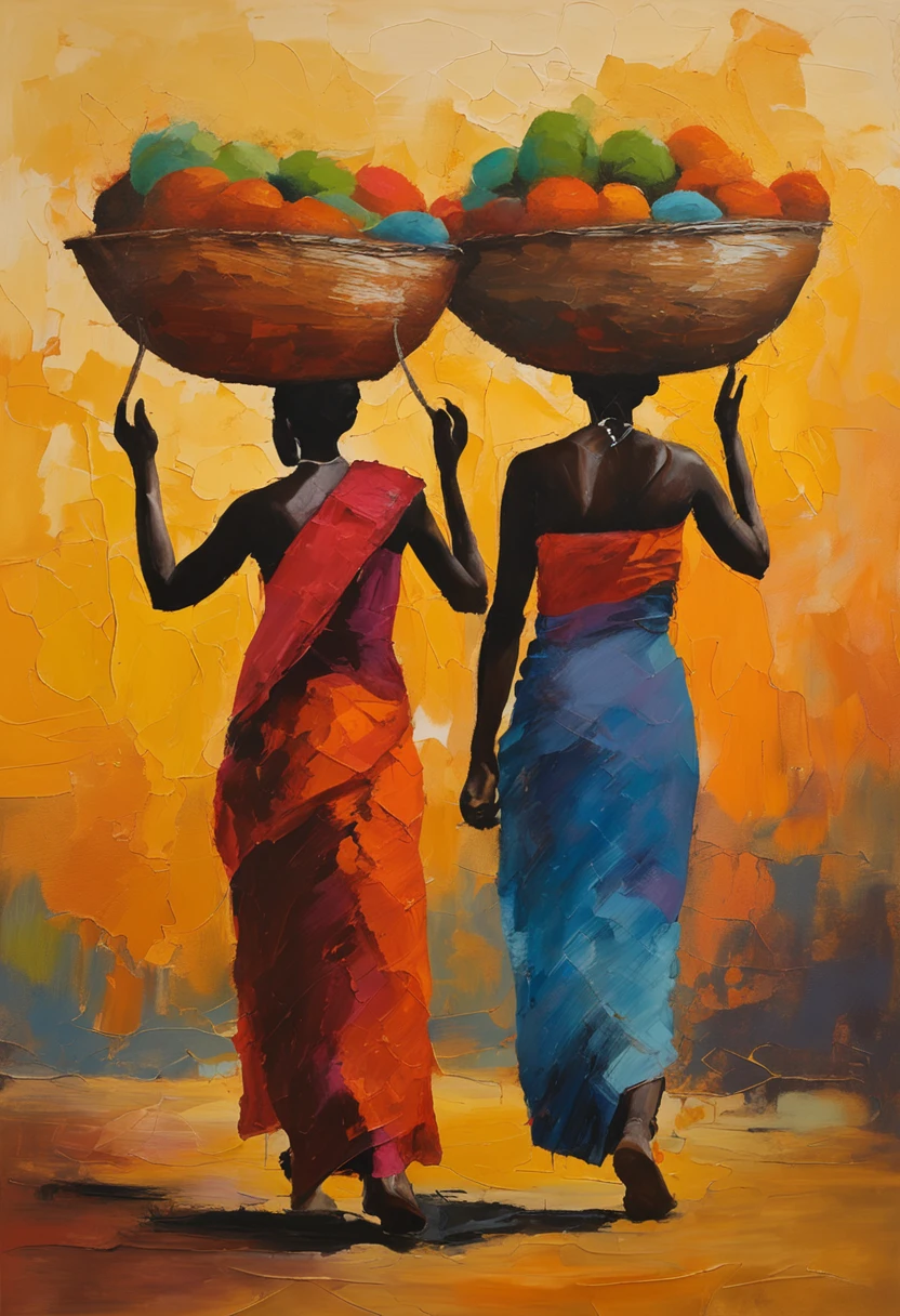 women carrying baskets from the market, silhouette, Heterogeneous skin tone, hirozon,African Women,Cultural art, sunset, 8K, Full body like,Best quality, Masterpiece, Super detail, High details, High quality, Best quality, A high resolution,realistic