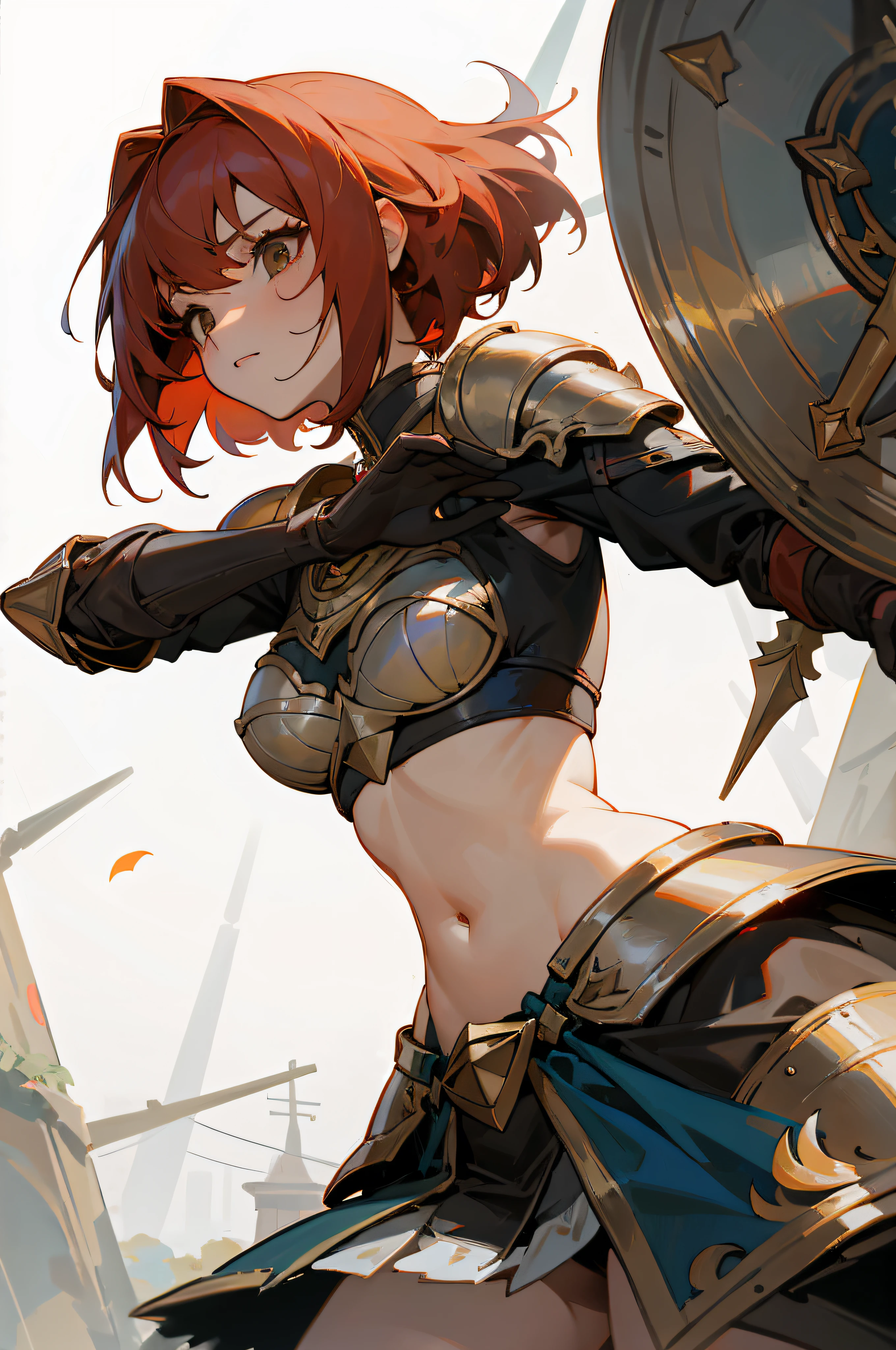 mujer, female, cabello corto, red-hair, llamas rodeando, Vestido de armadura, robusta, armadura corta, ropa deportiva, armadura bikini, falda de armadura, falda de armadura completa, sin casco, rostro sadico, abdomen desnudo, falda semi-larga, artista marcial, guantes con picos, espinilleras con picos, sin casco, pecho con armadura, artista marcial