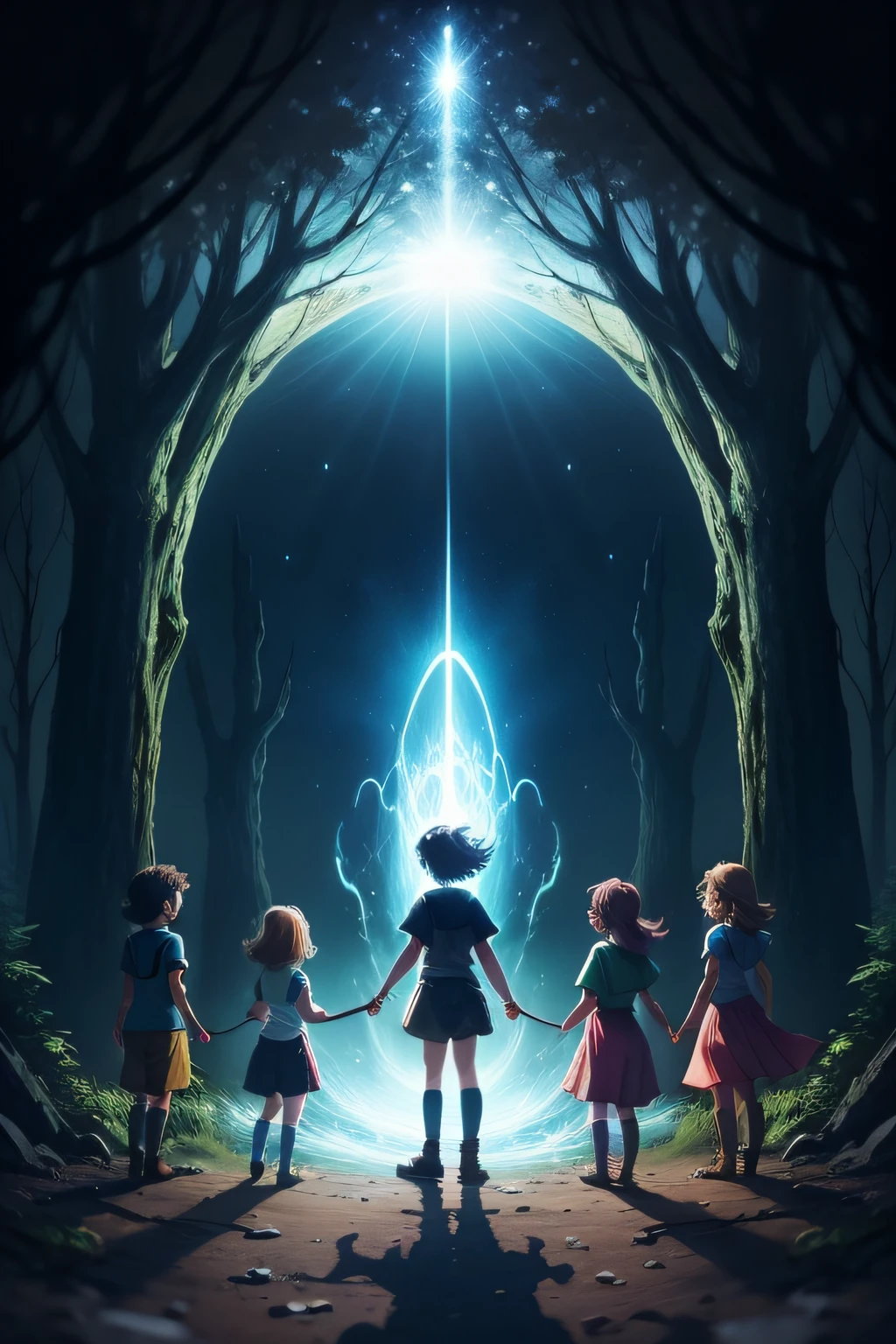 create a cartoon image of A group of kids discover a magical portal that takes them to a realm of magical creatures and exciting challenges.