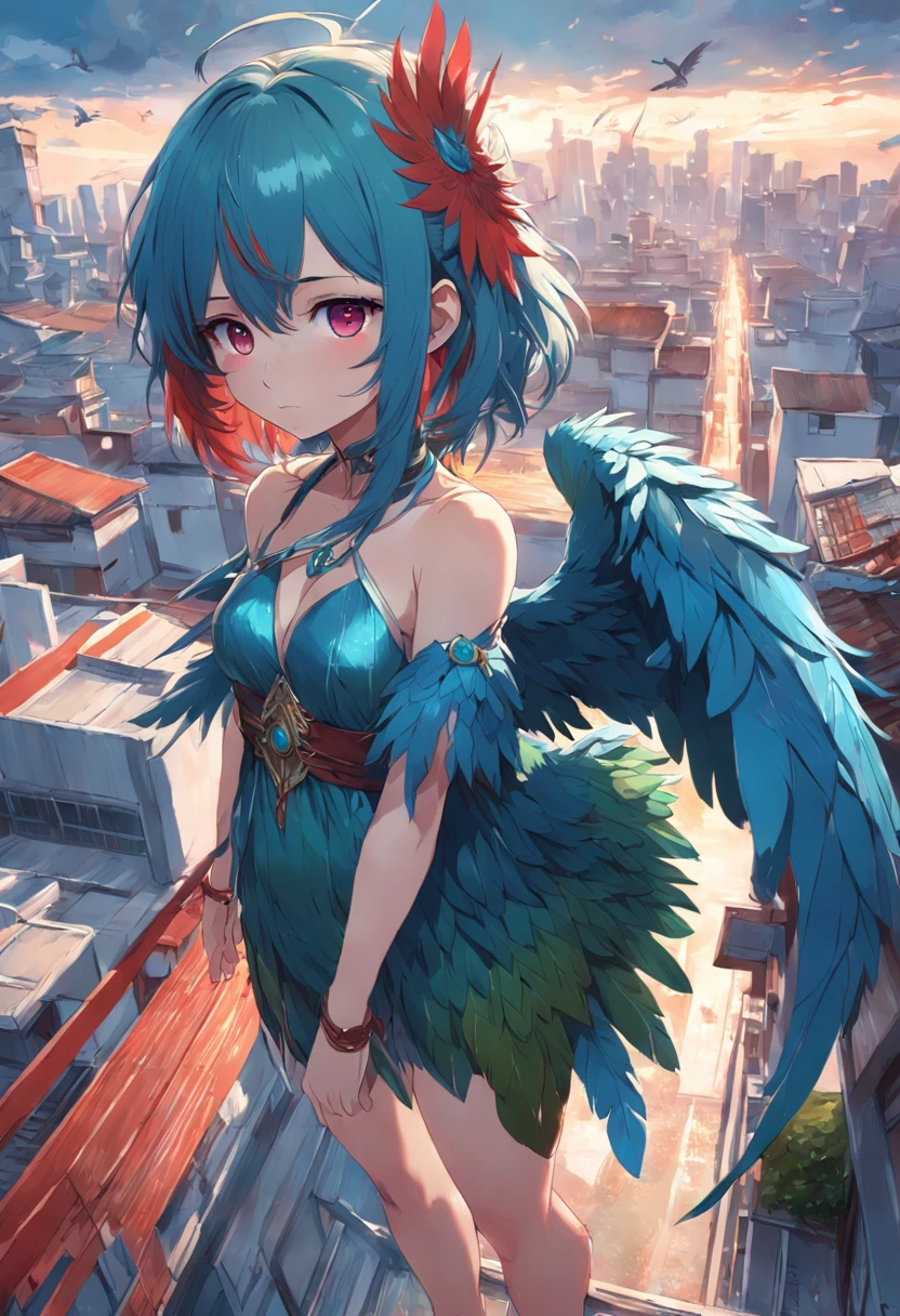 Anime - style image of woman in blue and red and green feather dress、Standing on the roof、Garuda、Bird incarnation、high quality detailed art in 8k、High Detail Official Artwork、TRENDS ON THE ART STATION PIXIV、Guweiz on the Pixiv art station、GWISE AT THE ART STATION PIXIV、Kushat Krenzky Art Feminine、cute anime waifu in a nice dress、NSFW, (8K, Raw photography, top-quality, masterpiece:1.2), (realisitic, Photorealsitic:1.37), ultra-detailliert, 1 rapariga, 独奏, cute little, Beautiful detailed sky,nigh sky