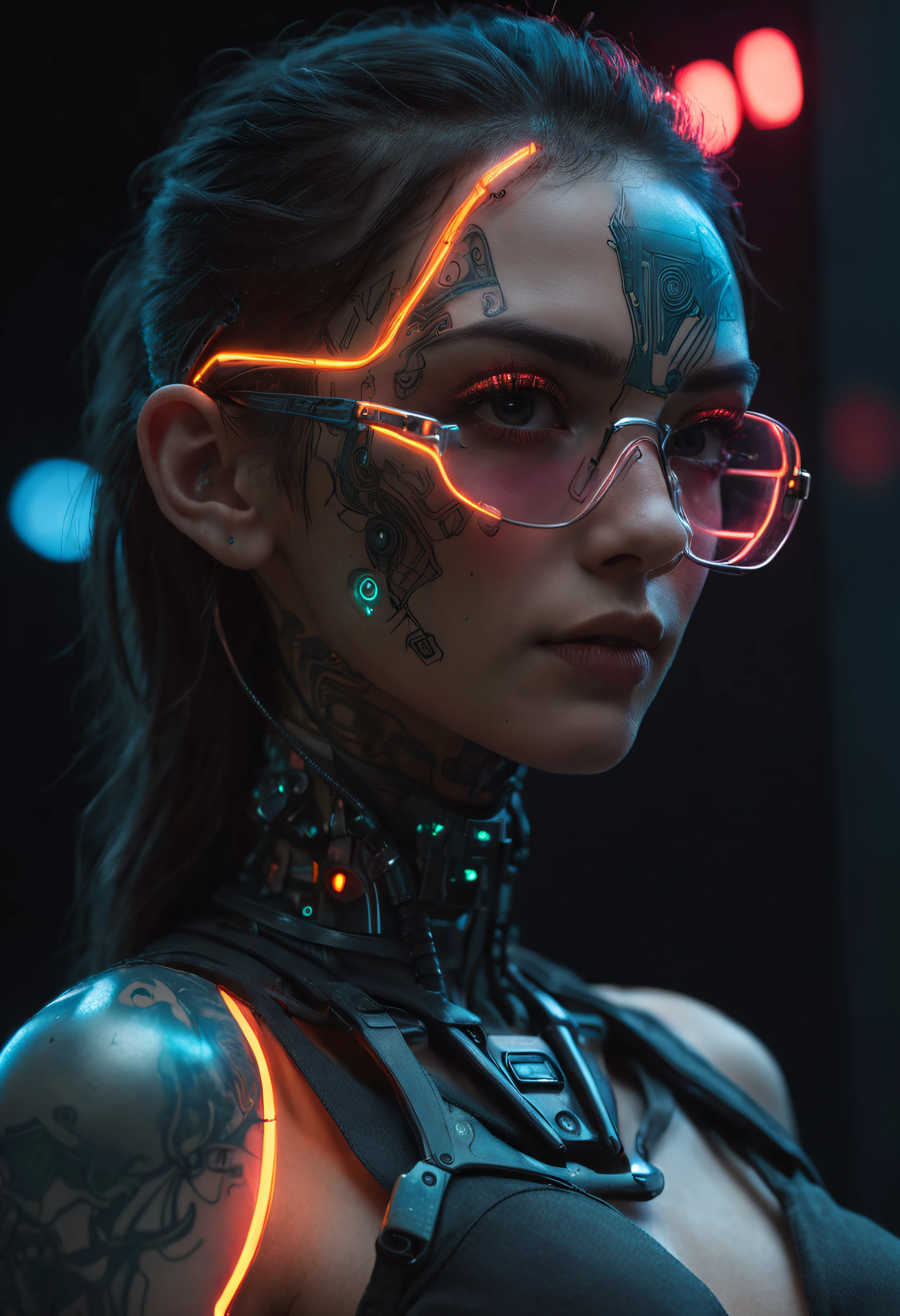 Designer de imagem "Cyberpunk & Realistic". Futuristic depiction of a perfectly tattooed woman with high-tech mechanical prosthetics. Embrace the cyberpunk aesthetic with neon lights and bright tattoos, maintaining the realistic portrayal of its features. "The lighting" Dynamic neon lighting with natural light sources to highlight cyberpunk tattoos and prosthetics, mantendo sombras e destaques realistas. "Camera positioning" Off-center and close-up camera positioning, Capturing dynamic pose to show off cyberpunk tattoos and high-tech prosthetics in detail. "Paleta de cores" Cyberpunk-inspired color palette with neon tones like electric blue, rosa fluorescente, e verde brilhante, complemented by realistic skin tones and metallic details for representation of advanced technology.