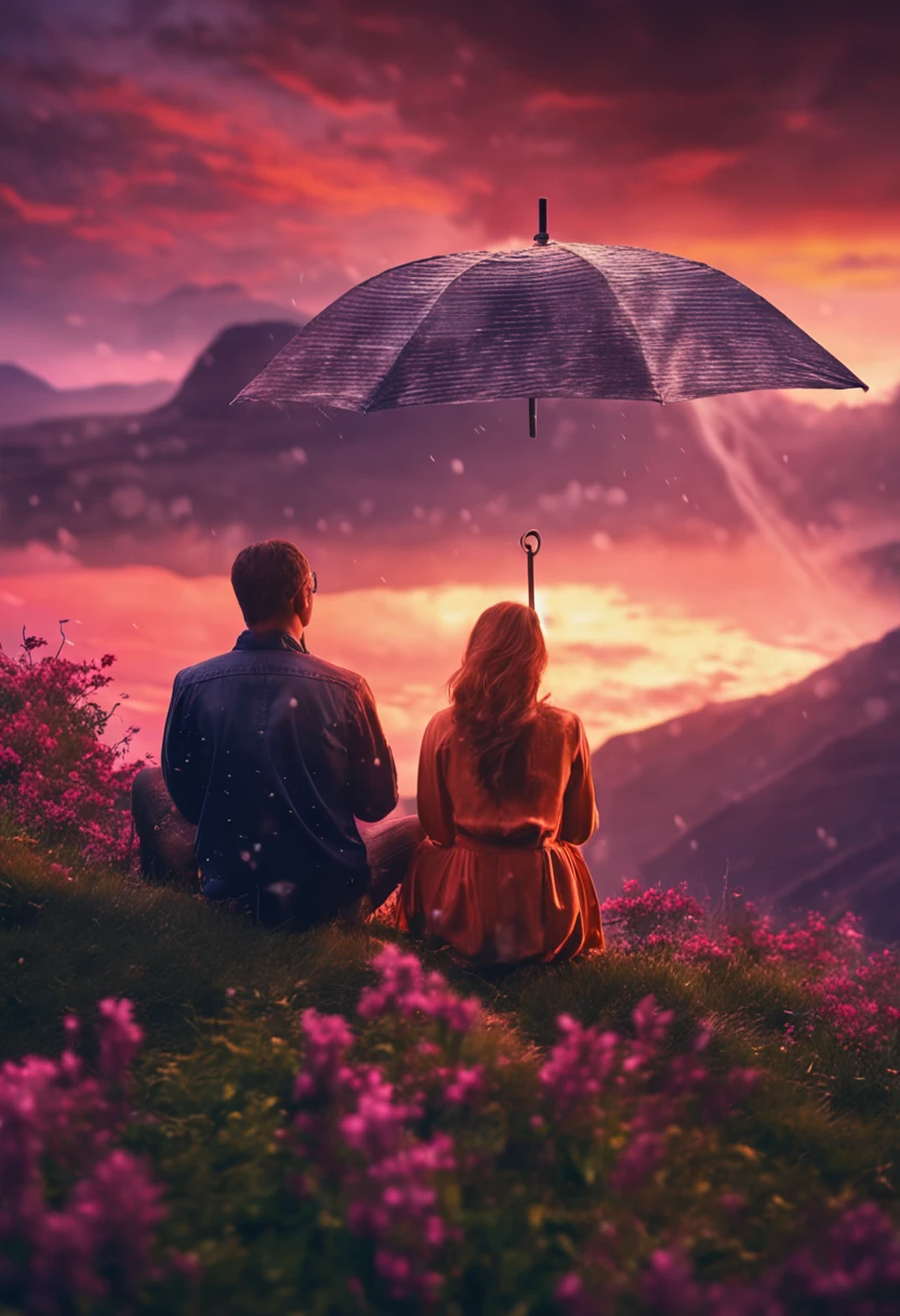 sunset mountain soft rain couple in love watching