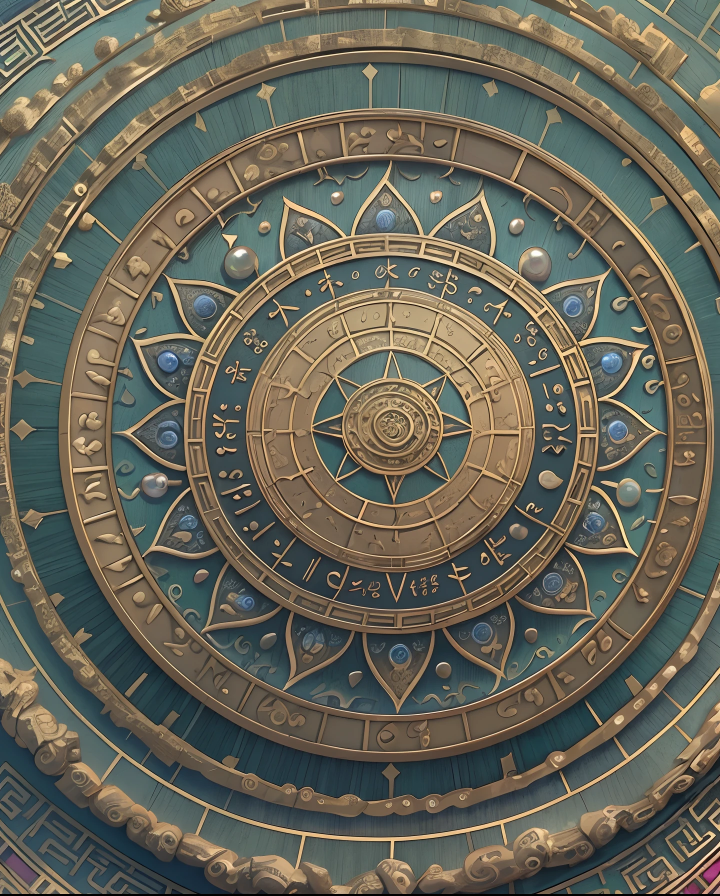 Array special effect geometric and astrological central circular composition, an ancient, beautiful Buddhist mandala, printed with real pearls, with ancient Chinese aesthetic masterpiece, best quality, (extremely detailed CG unity 8k wallpaper)