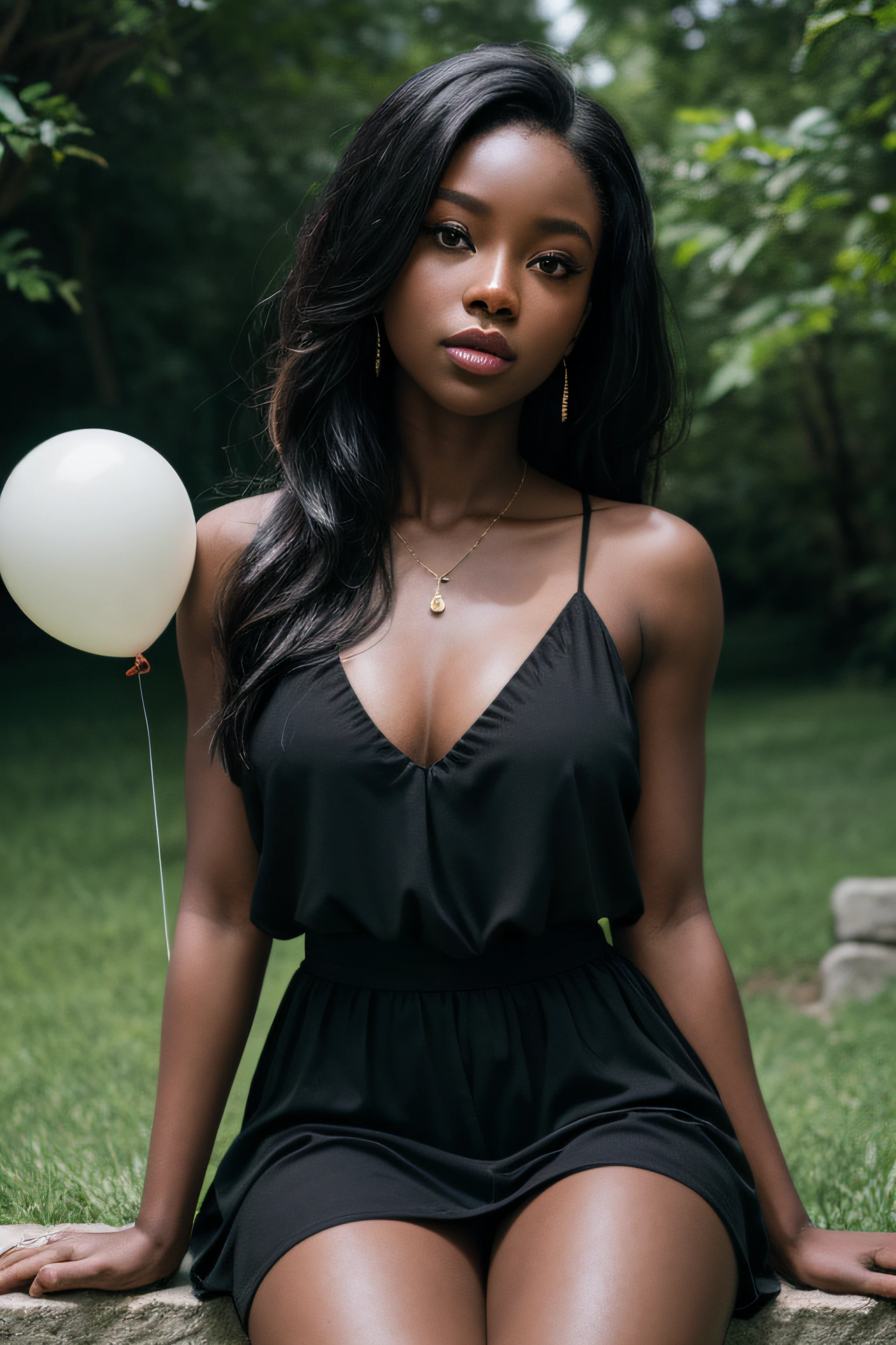 a portrait of stupendously beautiful  ebony woman, wearing a sleeveless blouse with cleavage,  sitting on the grass  beneath  the stone bridge, holding a balloon string  with her hand, perfect eyes, perfect hands, curvy hips, ultra detailed skin BREAK best quality, deep shadows,  8k, dslr, Kodak ektar 100, Fujifilm XT3, F4, 1/800s, ISO 100, RAW