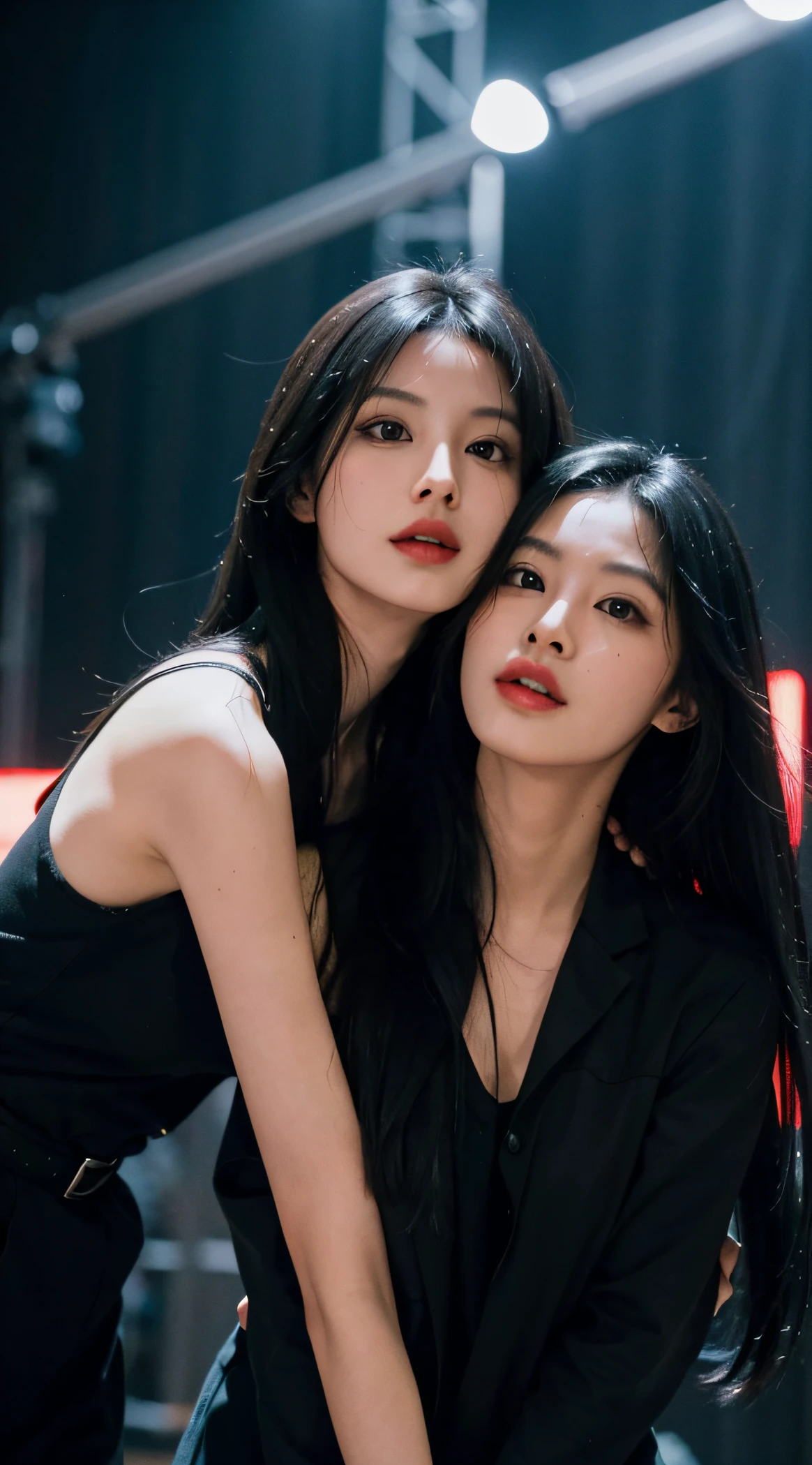 2girl, long black hair, on stages, high res, ultrasharp, 8k, masterpiece,