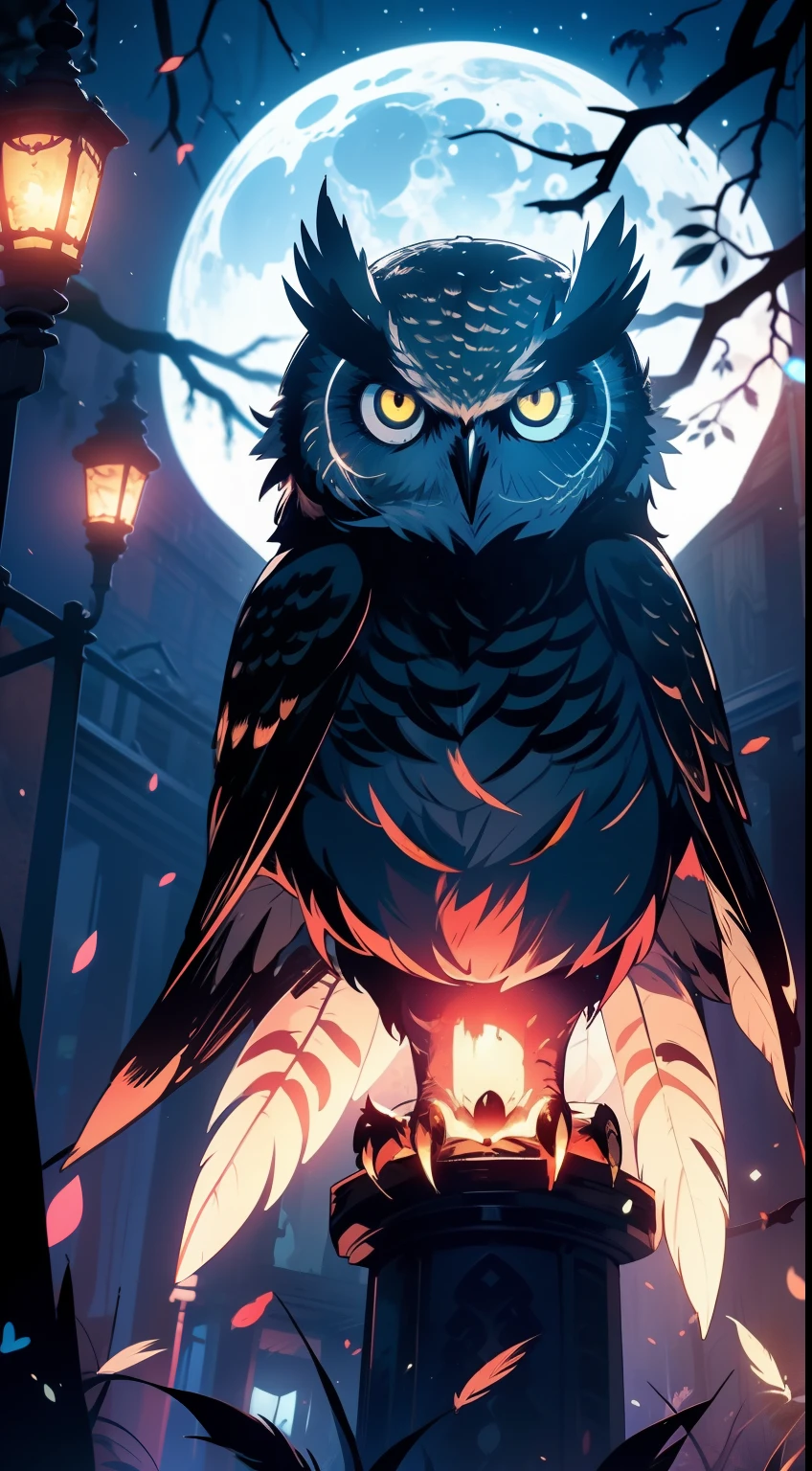 a owl looking at the viewer, (masterpiece), best quality, ((owl)), (((no_humans))), animal, feathers, glowing eyes, scary,night, horror, animal focus, trees, moon, glow, dark