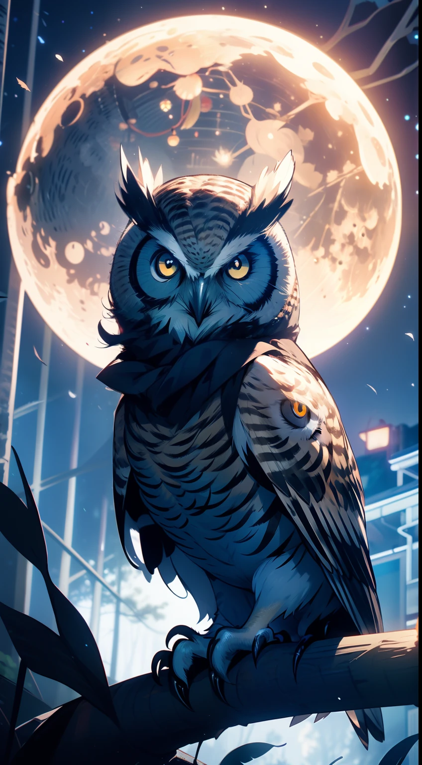 a owl looking at the viewer, (masterpiece), best quality, ((owl)), (((no_humans))), animal, feathers, glowing eyes, scary,night, horror, animal focus, trees, moon, glow, dark