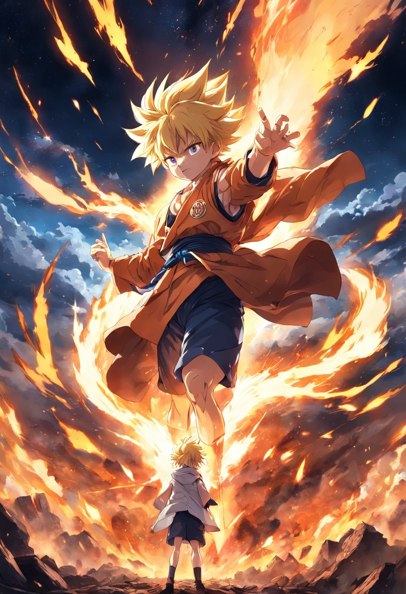 Lost control, anime landscape, full power, fire hurricane, super sayajin, explosion, battlefild, star.